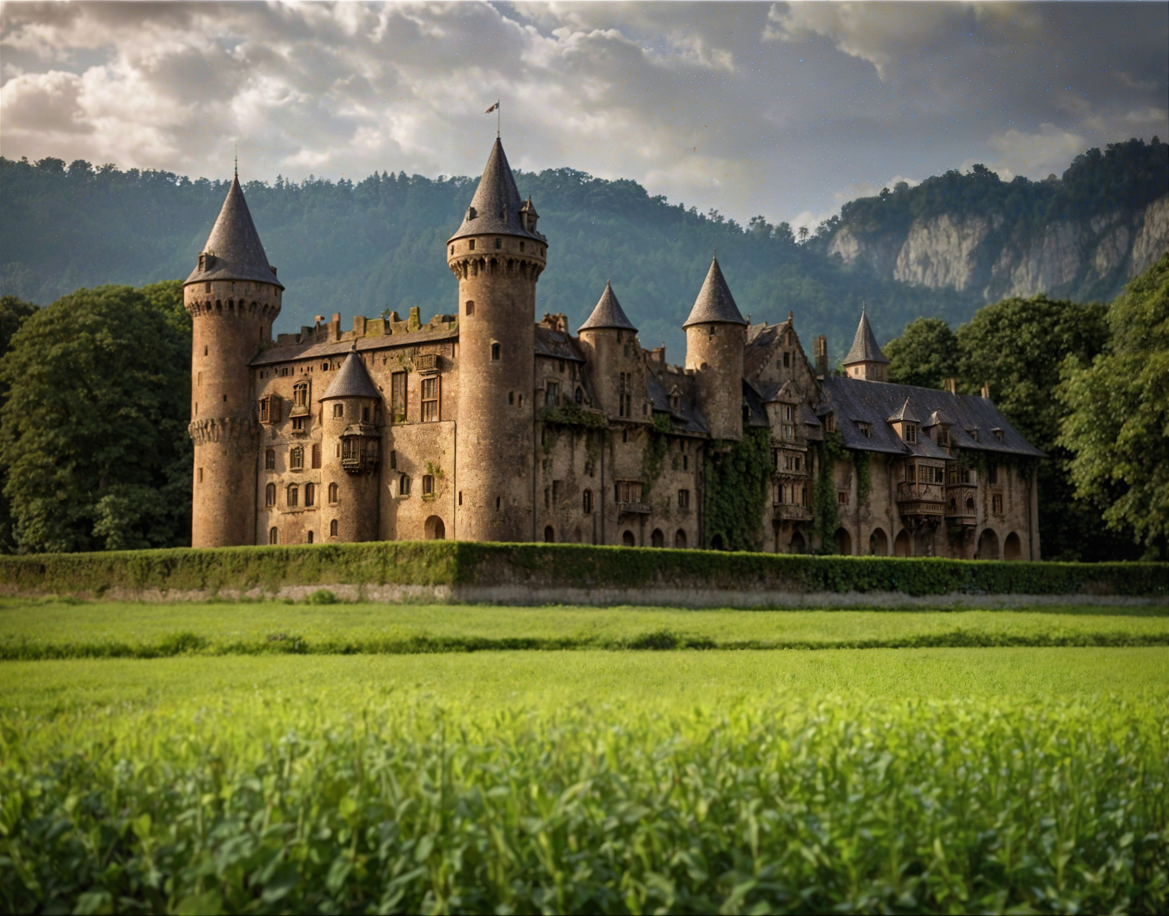 Historic castle with lush greenery and turrets