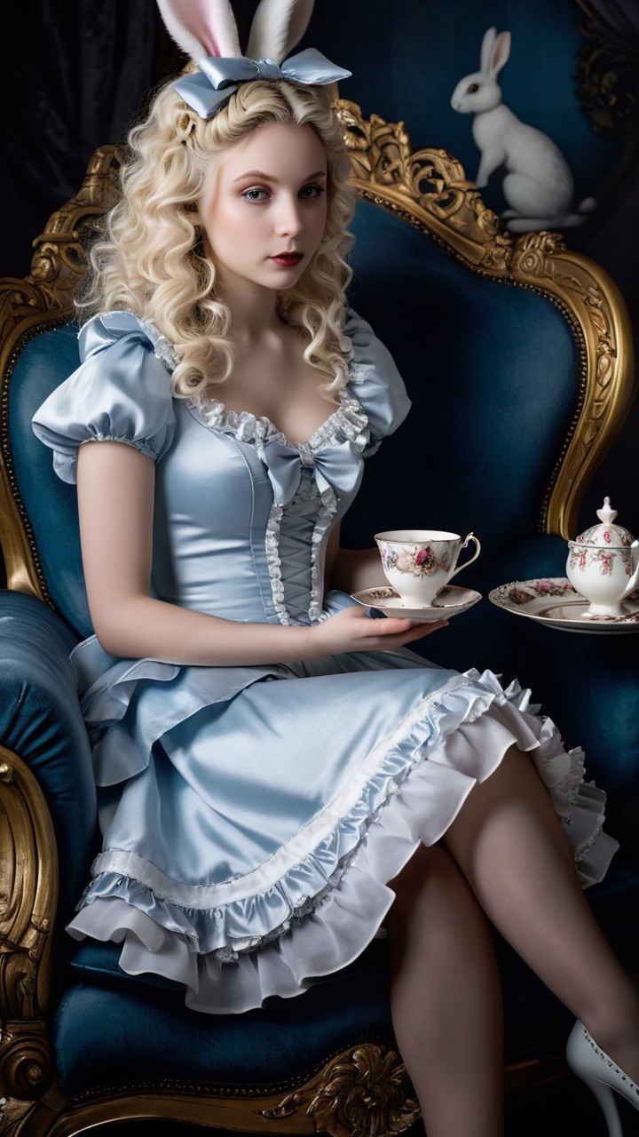 Young Woman in Vintage Dress with Whimsical Bunnies
