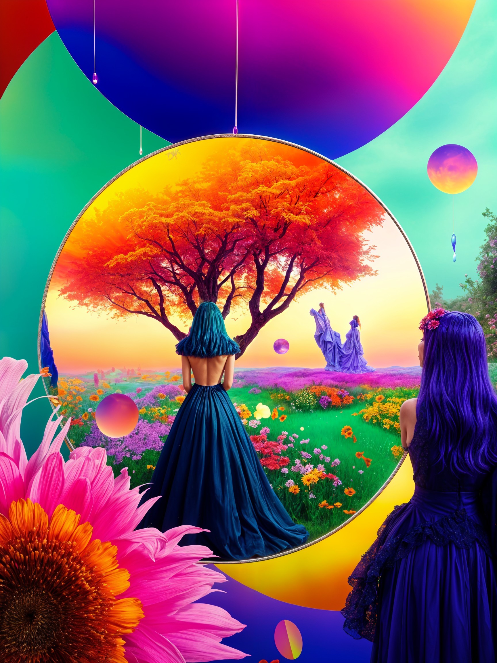 Surreal Landscape with Women and Colorful Tree Scene