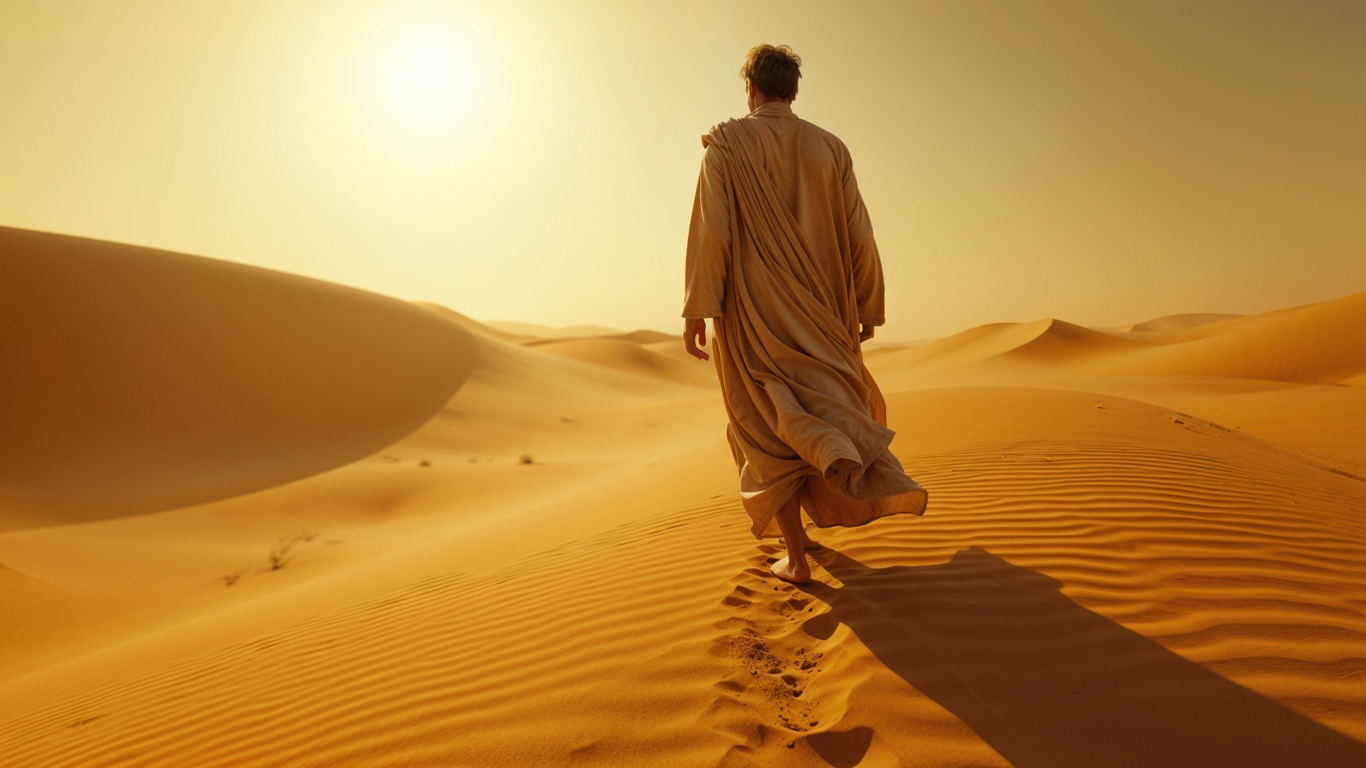 Figure in Light Robes Walking in Desert Landscape