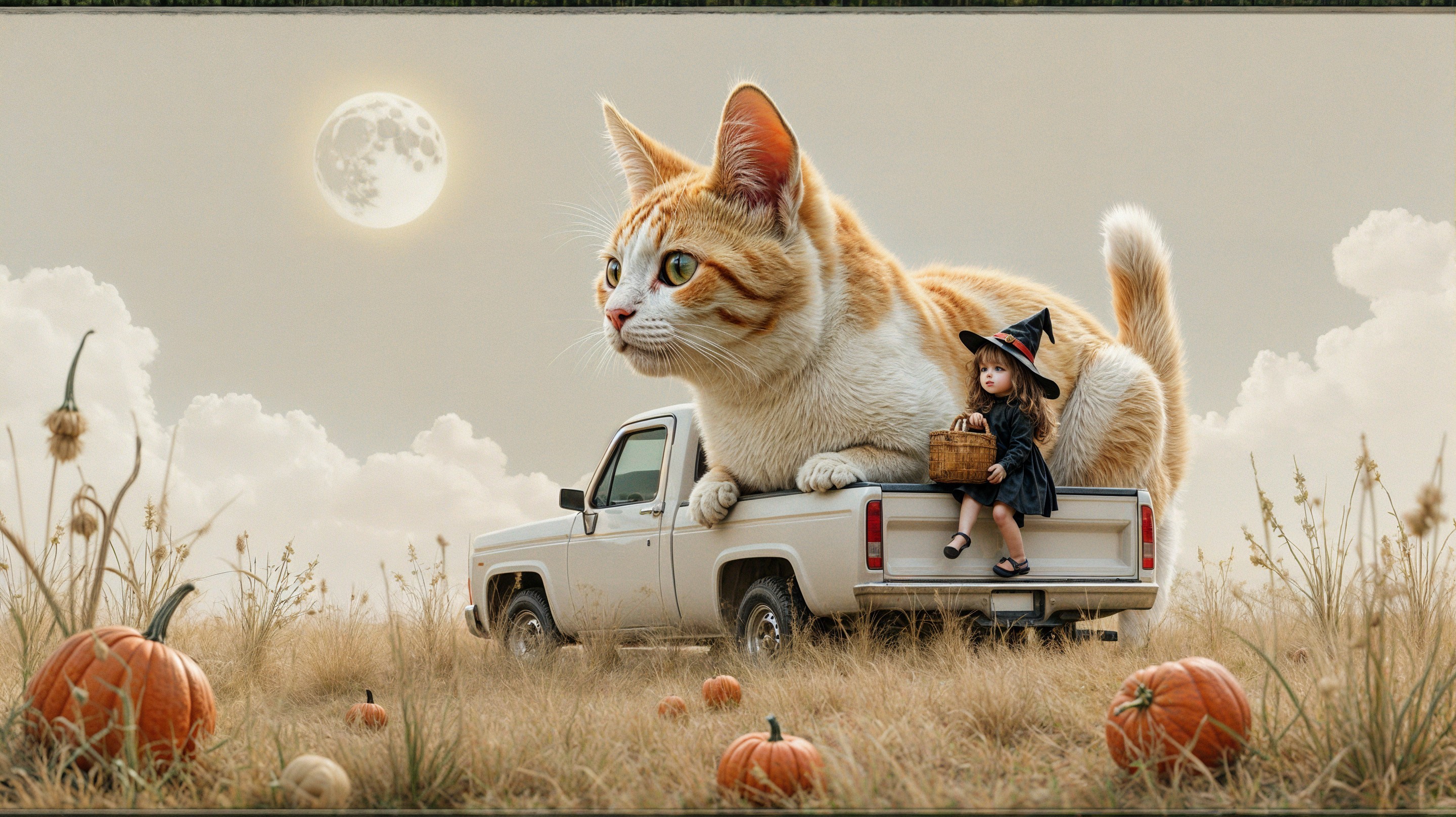 Whimsical Scene of Cat and Girl in Autumn Setting