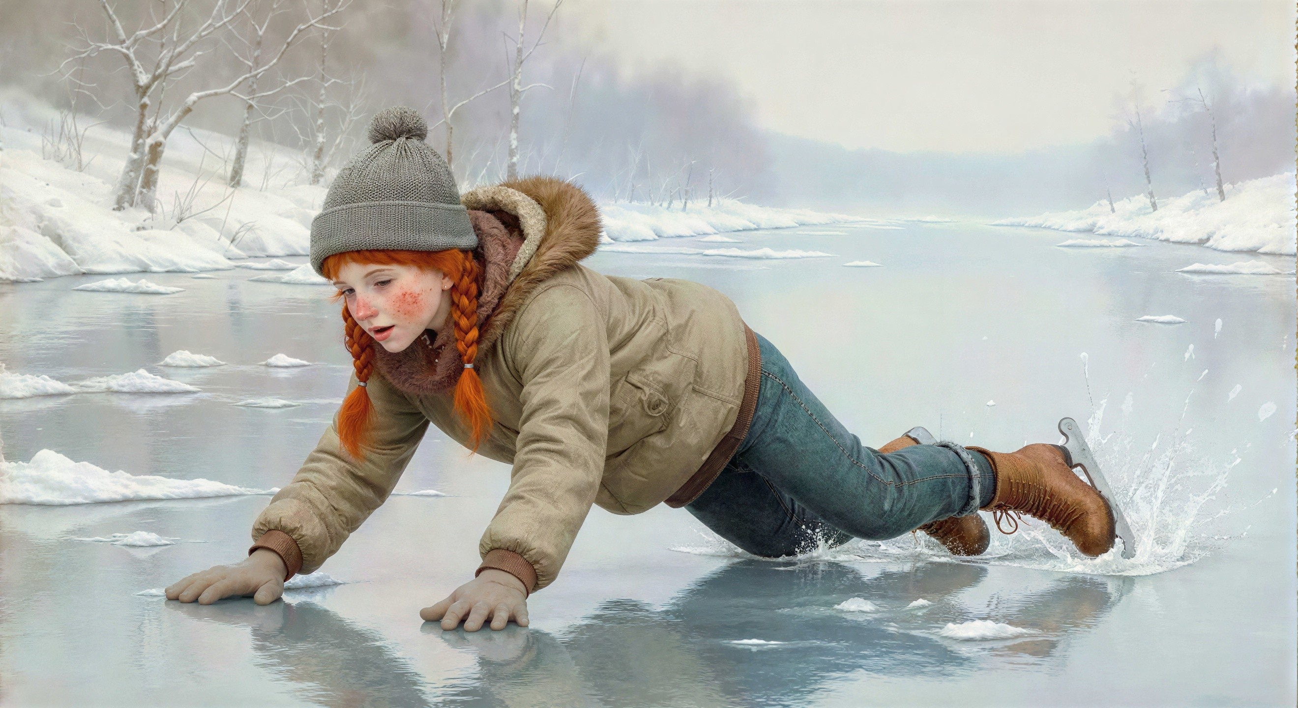 Young Girl Ice Skating on Frozen Lake in Winter