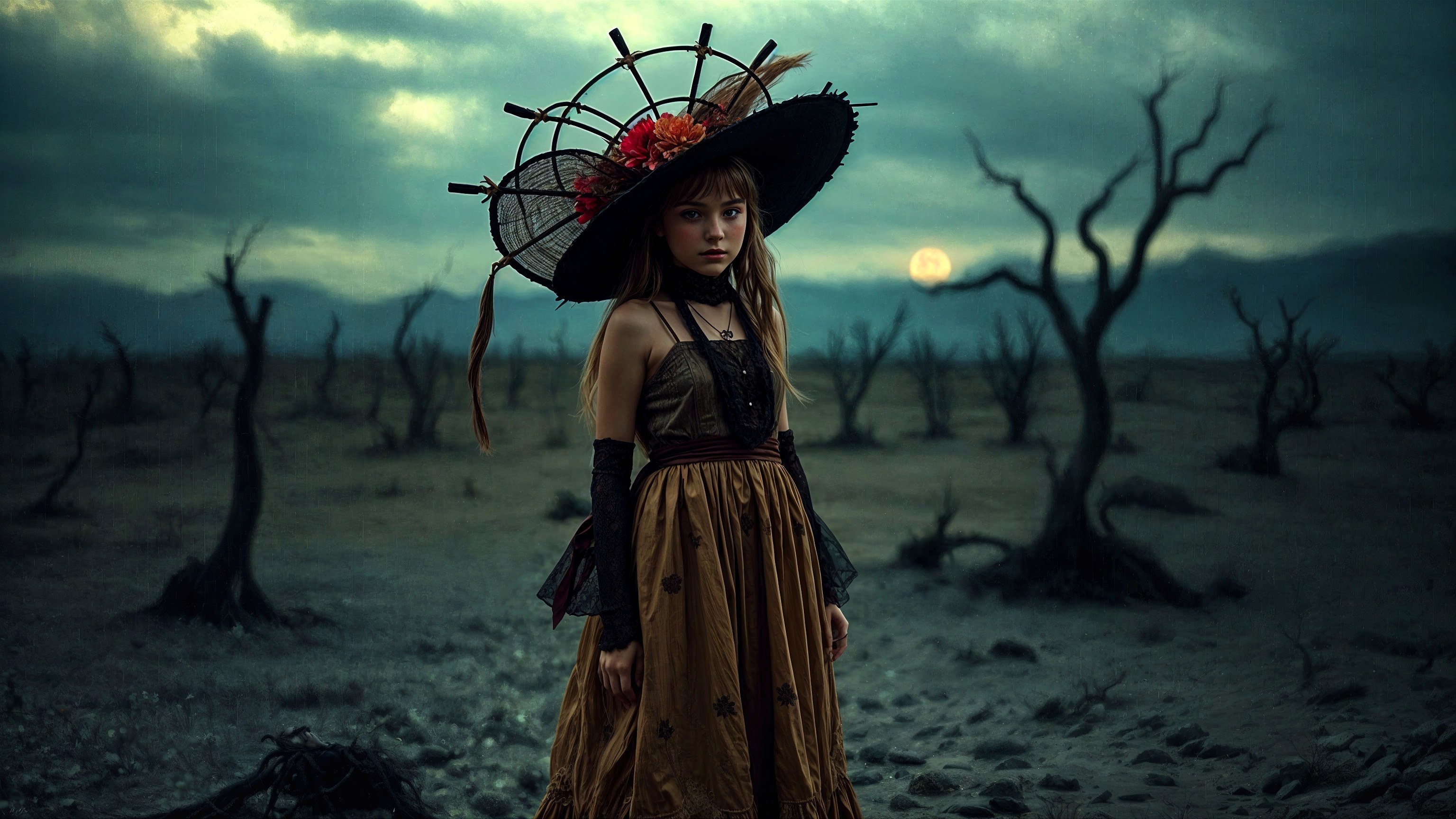 Girl in Dark Floral Dress in Desolate Landscape