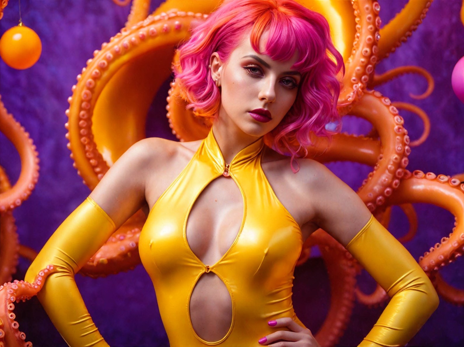 Vibrant Scene with Pink Hair and Octopus Tentacles