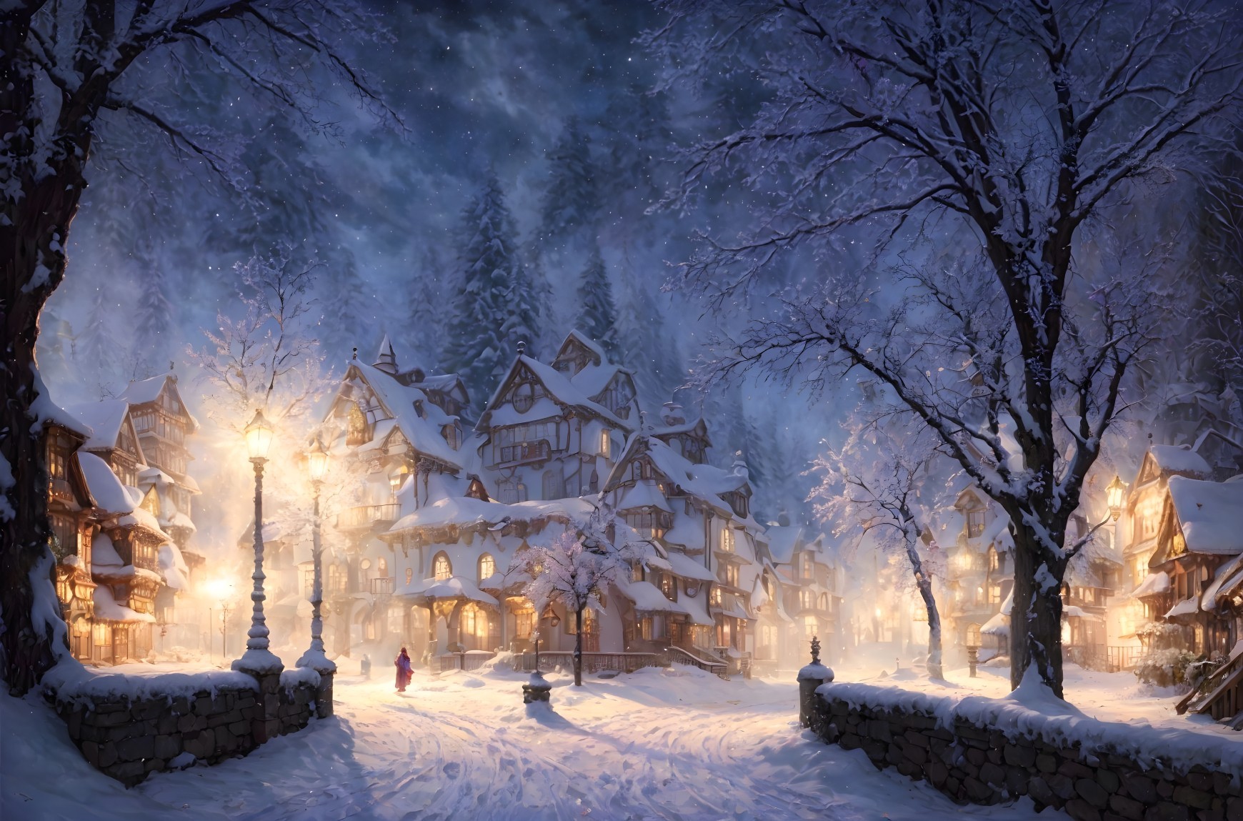 Snow-covered streets and buildings at twilight with warm lights and a lone figure