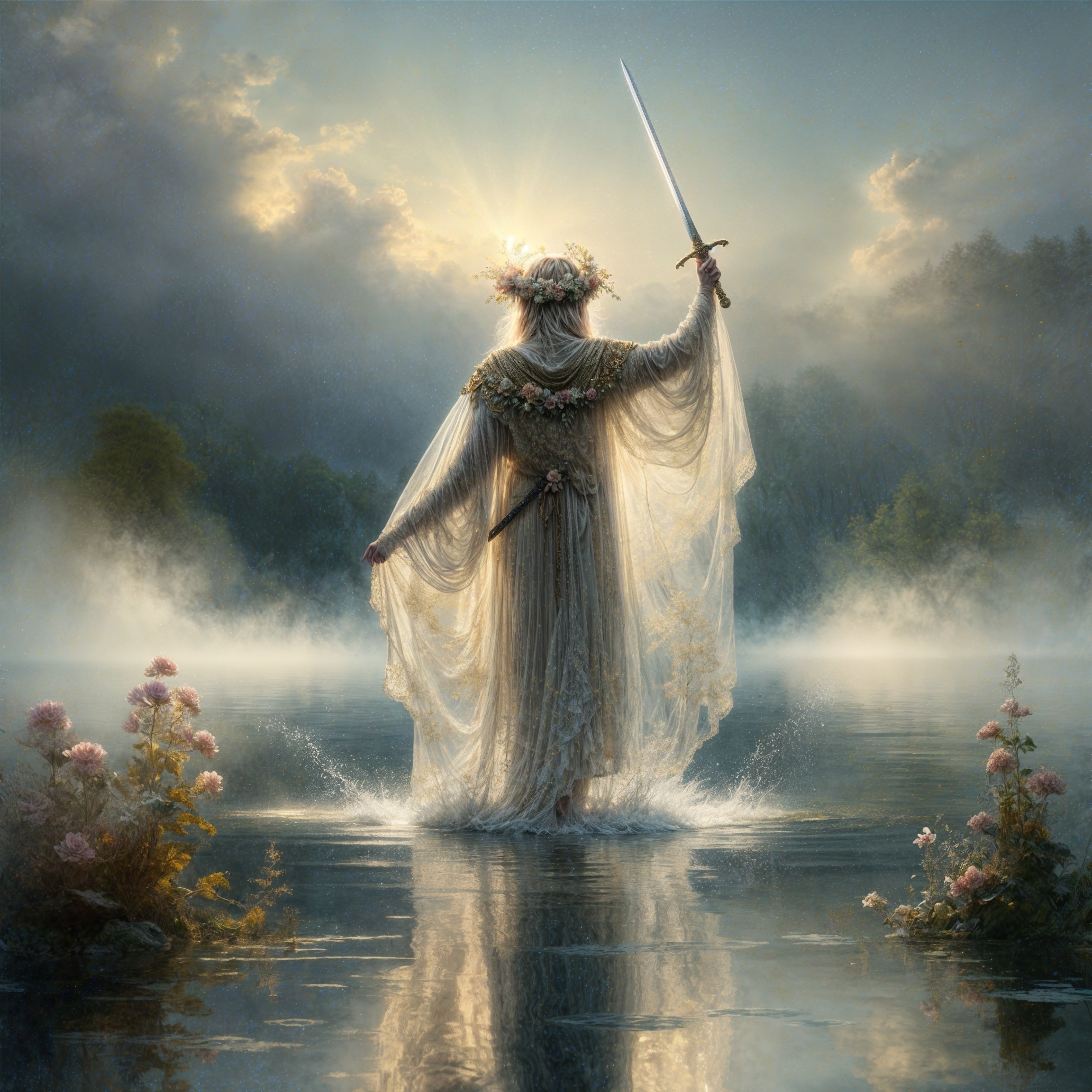 Serene Figure in Ethereal Garments by Tranquil Lake