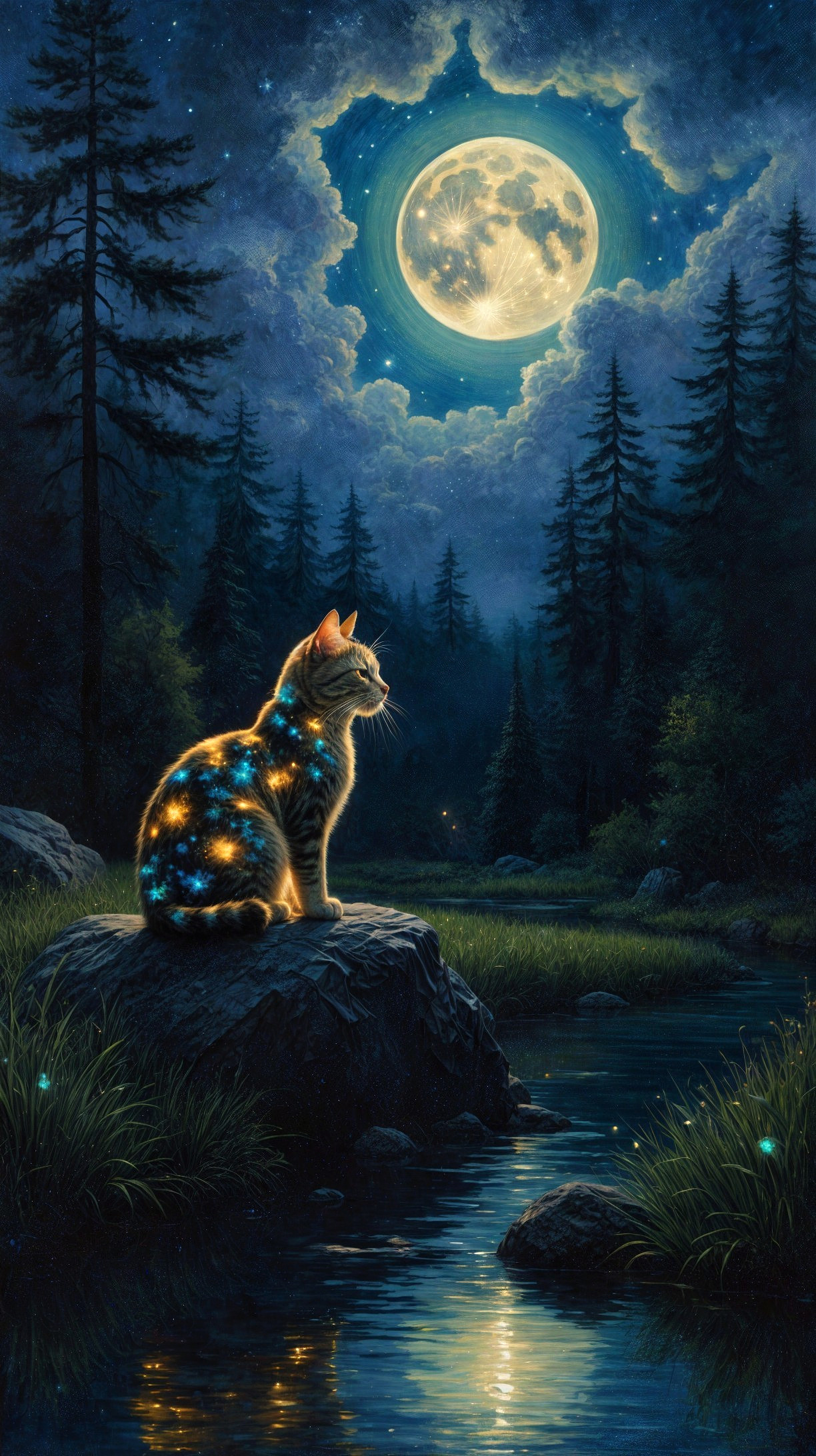 Ethereal Cat by Tranquil River Under Starry Sky