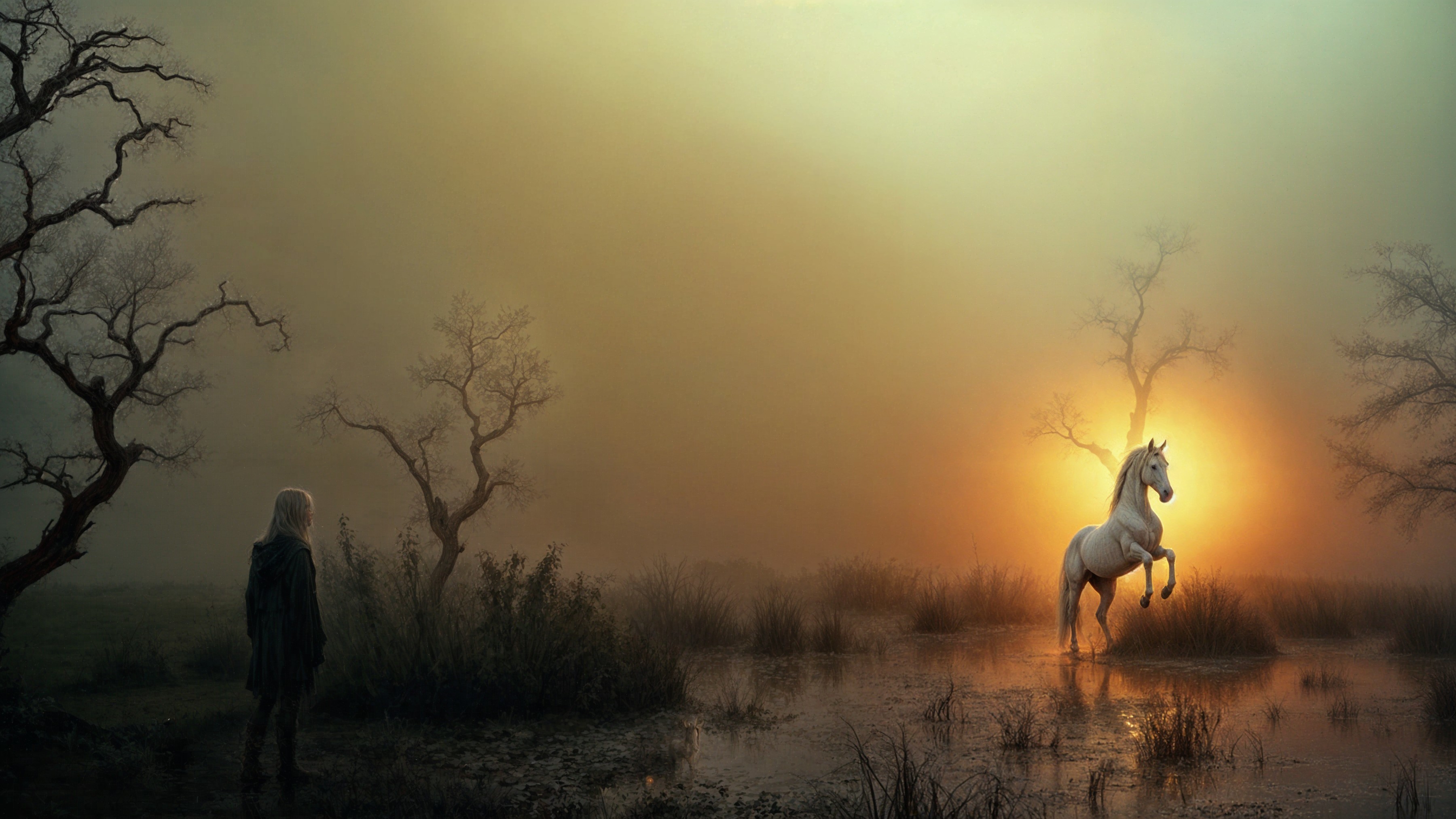 Lone Figure and Unicorn in Mystical Marsh Landscape