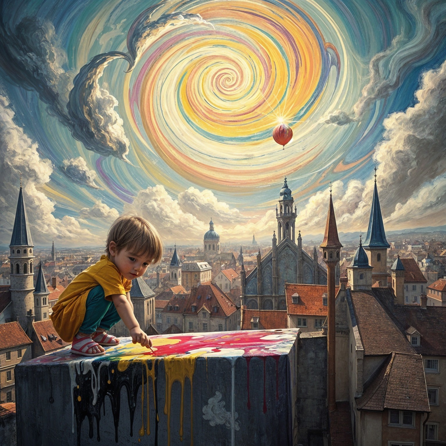 Child Painting Colorful Swirls on Rooftop Over City