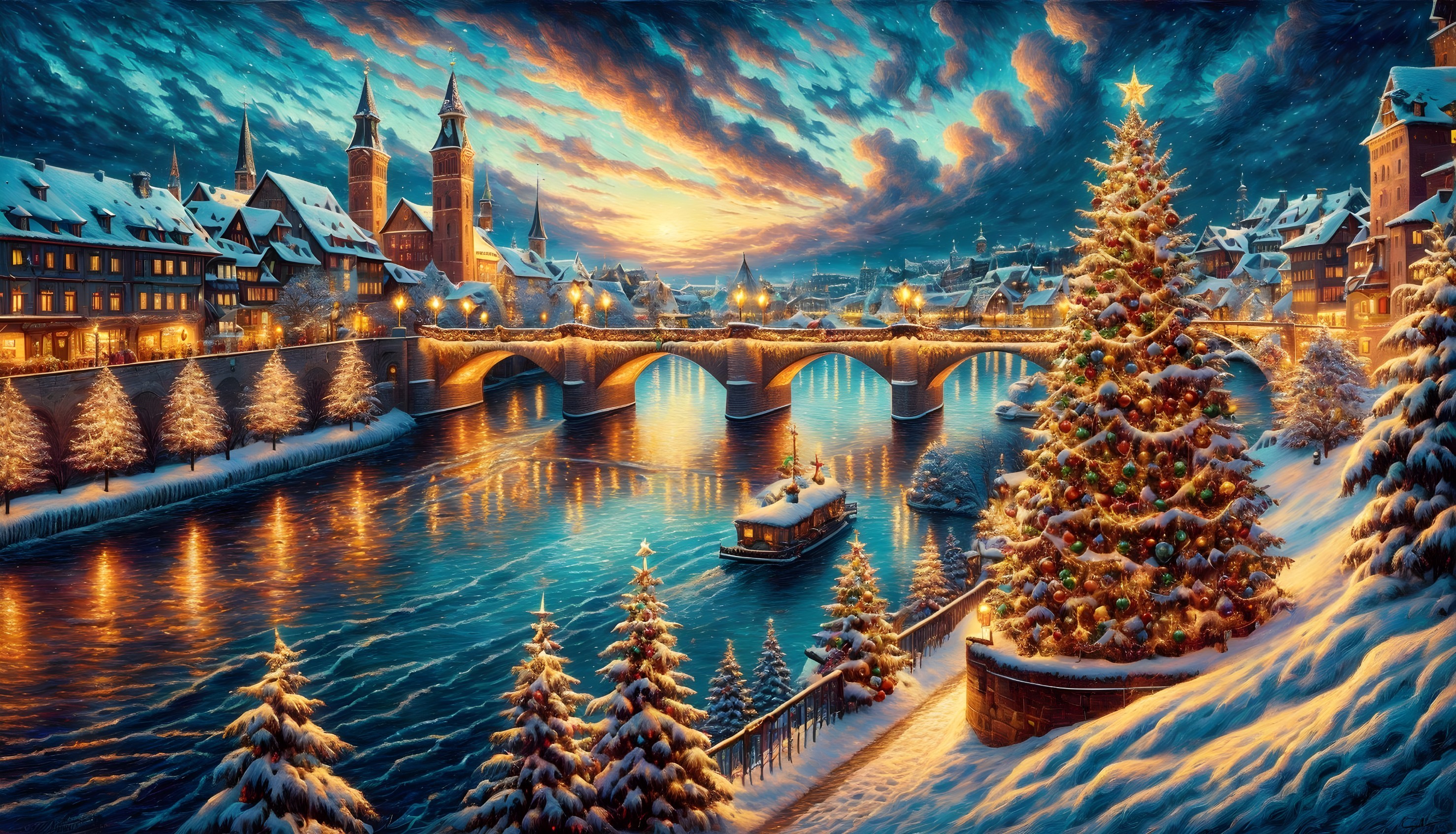 Snowy Christmas tree scene in old town with river, boat, and star tower at twilight