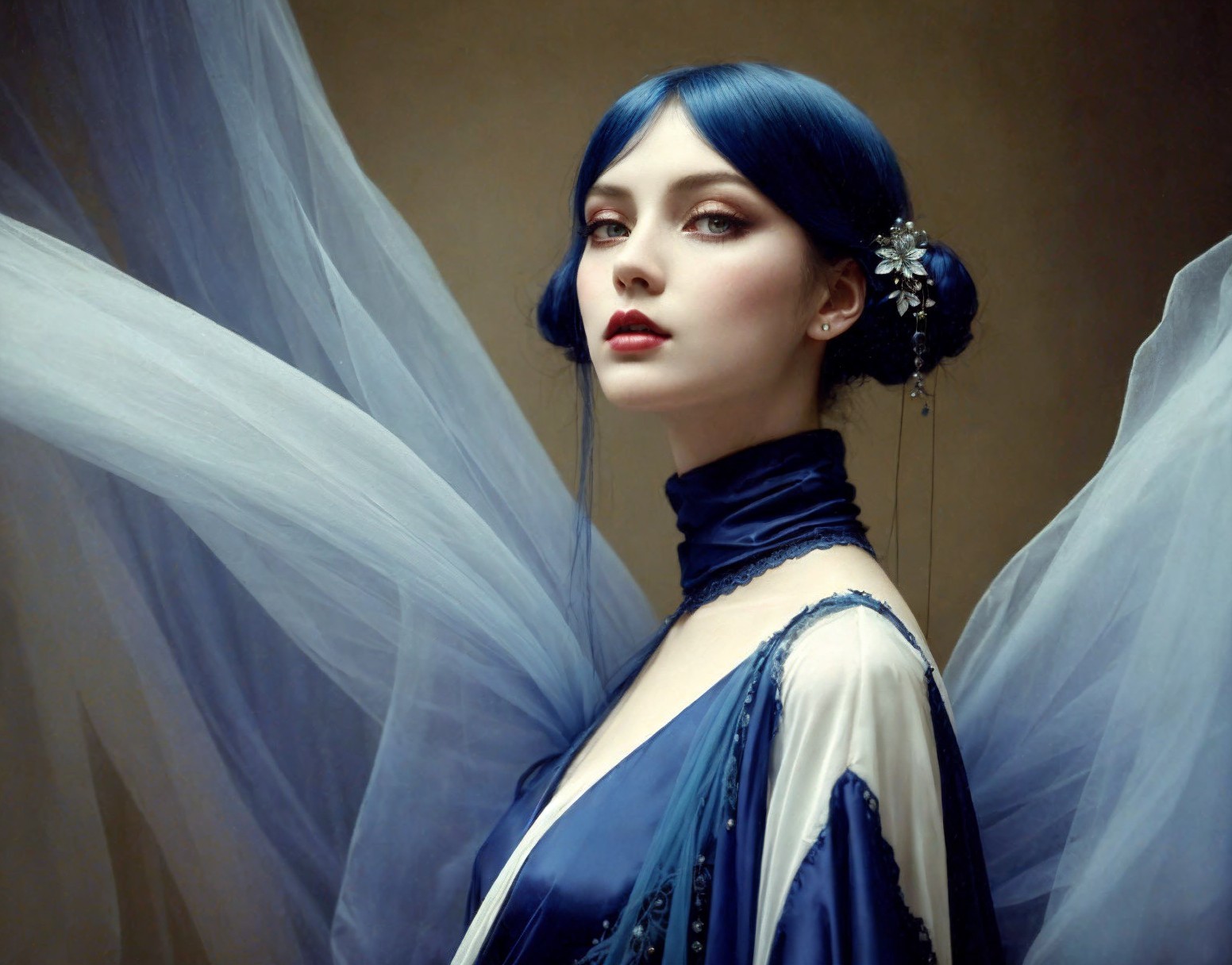 Young woman with blue hair in elegant satin dress