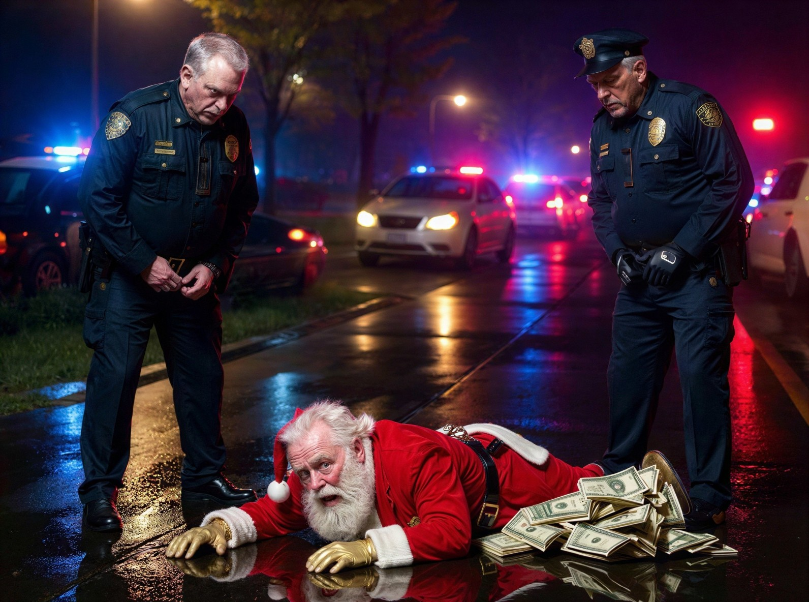Police Officers Attend to Santa Claus on Wet Road