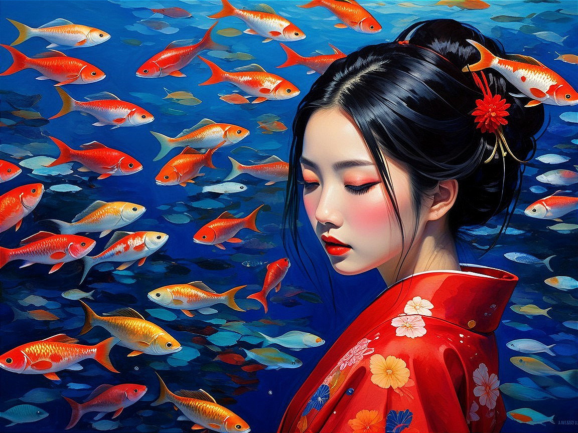 Young Woman in Red Kimono with Goldfish in Azure Setting
