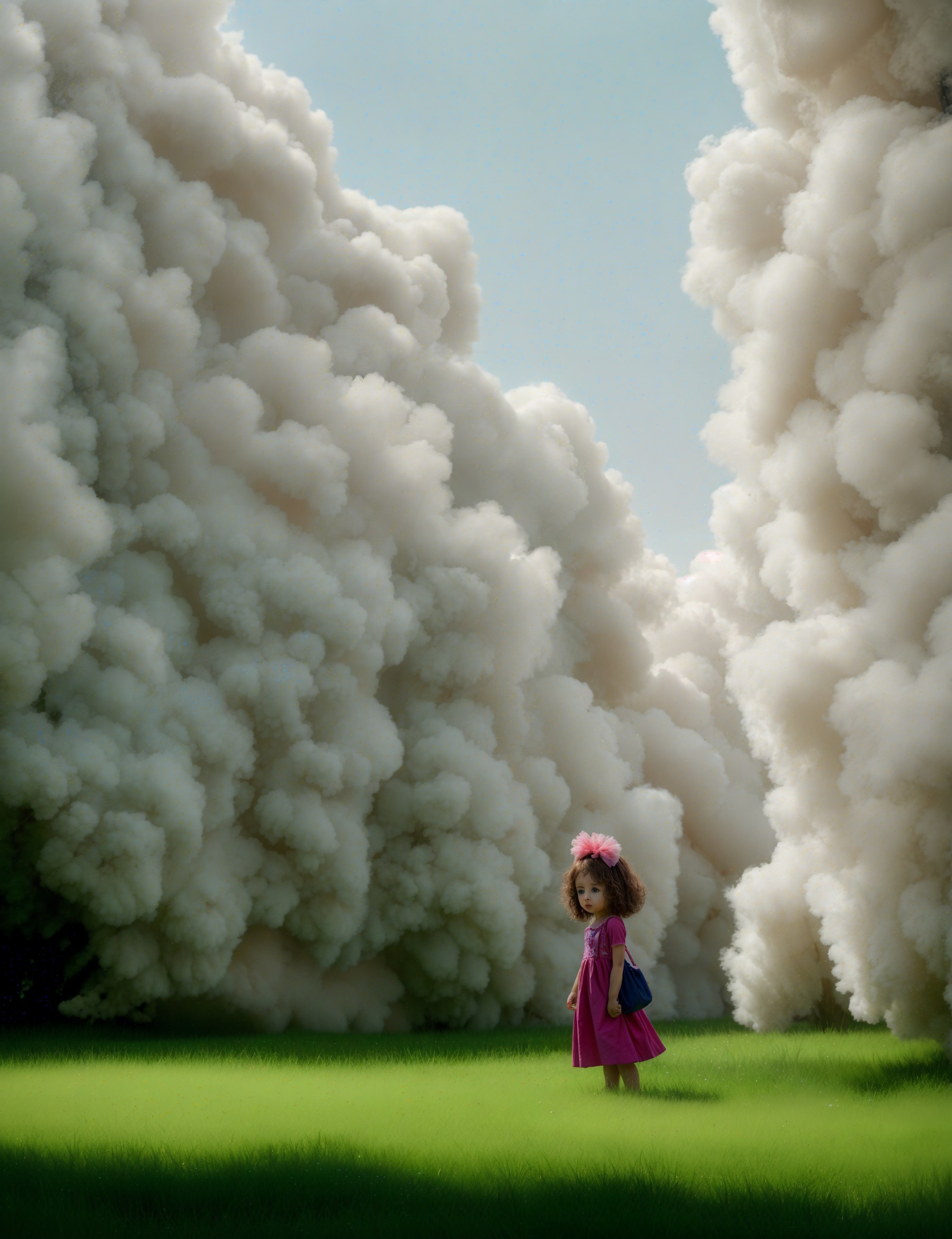 Young girl in pink dress amidst green field and smoke
