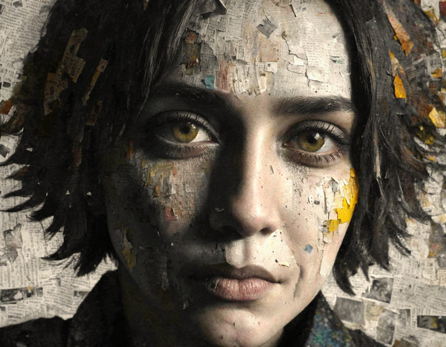 Close-Up Portrait of a Woman with Newspaper Layers