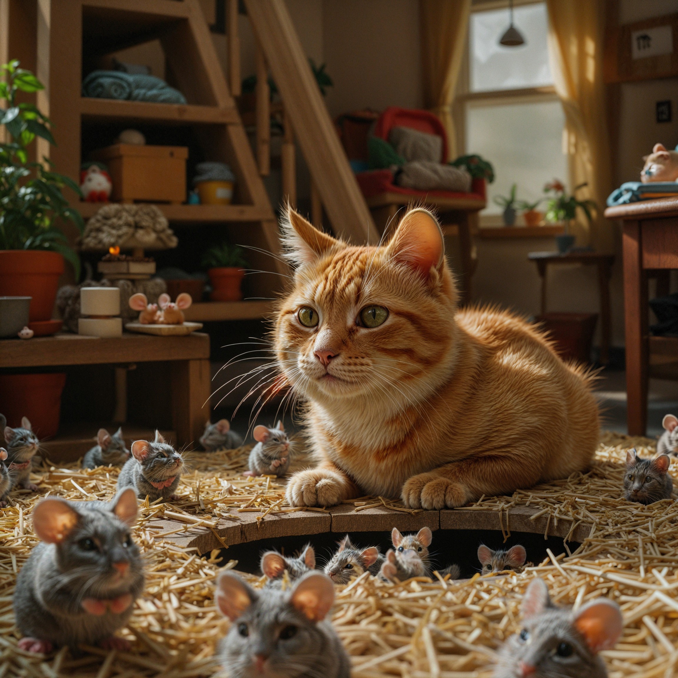 Cozy Room with Cat Watching Playful Gray Mice