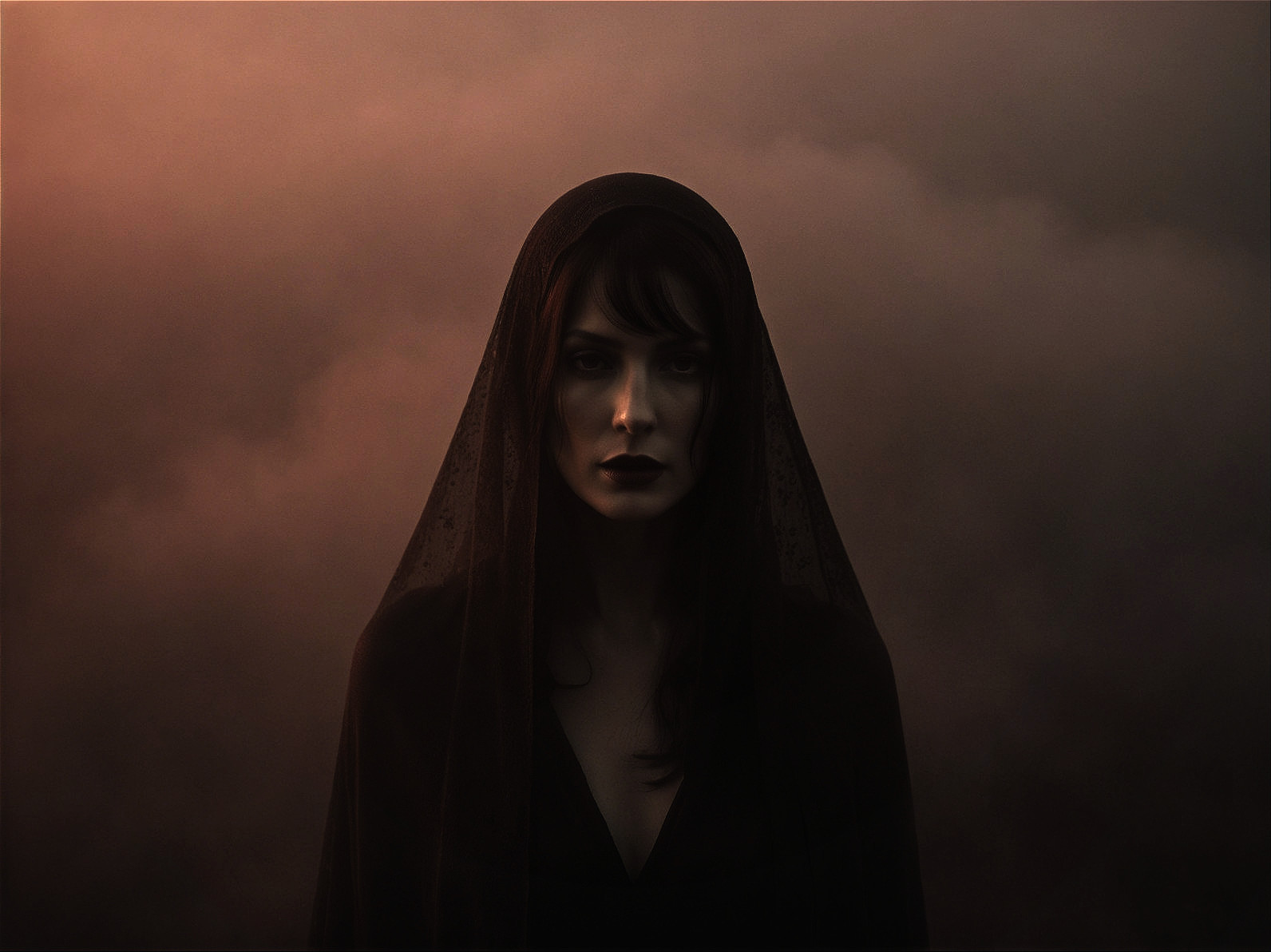 Mysterious Figure in Dark Veil Amidst Foggy Atmosphere