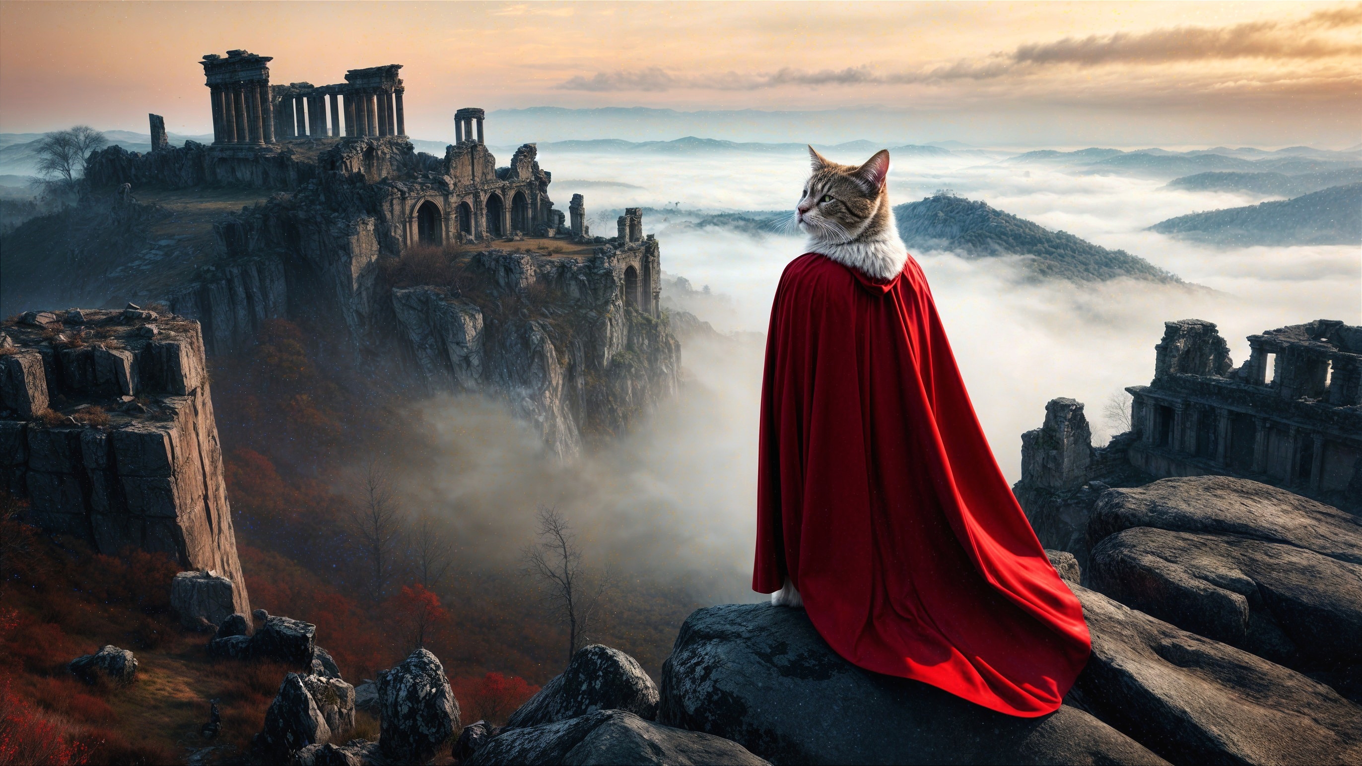 Majestic Cat in Red Cape Overlooking Ancient Ruins