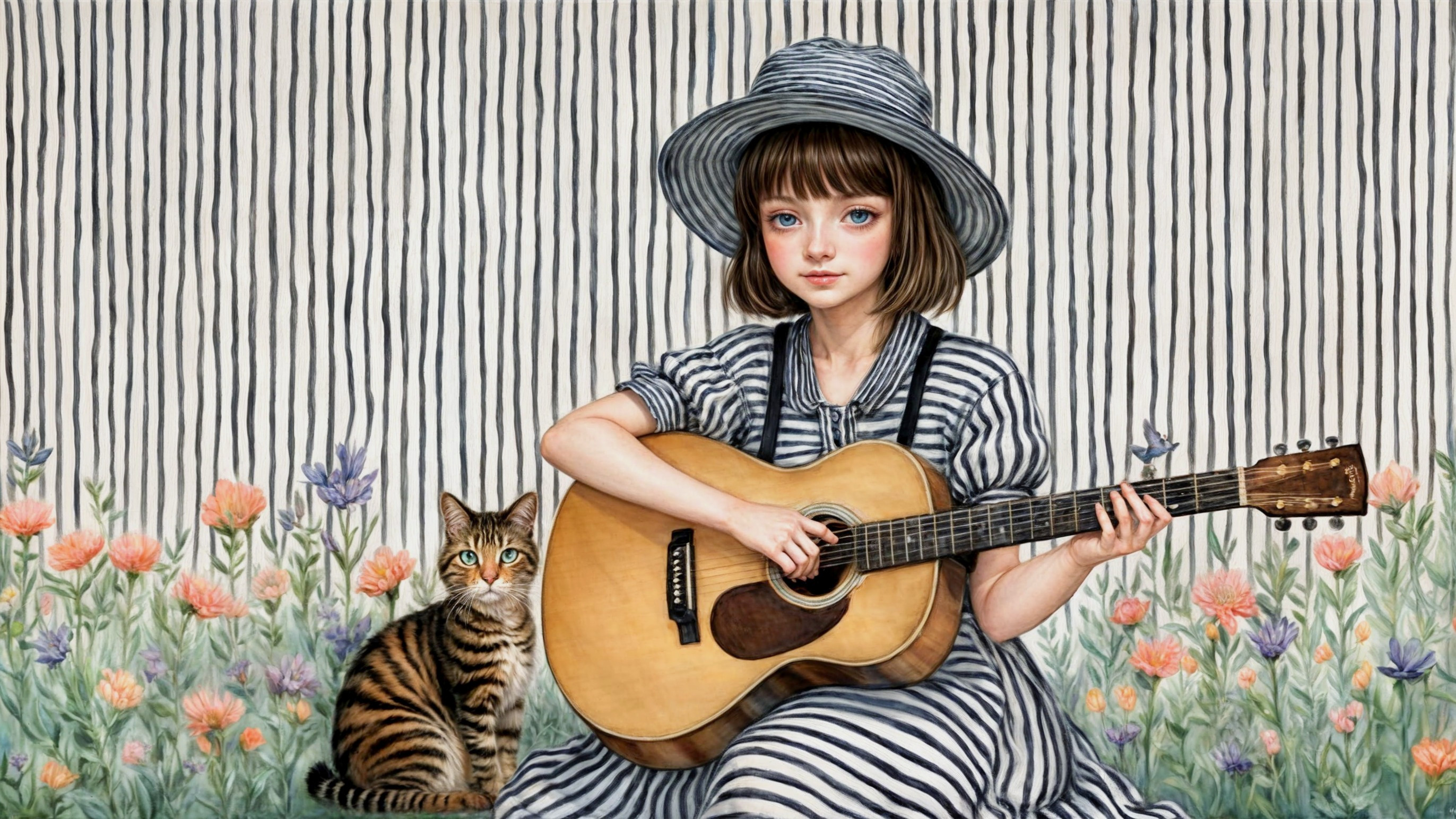 Young girl with guitar among colorful flowers and cat
