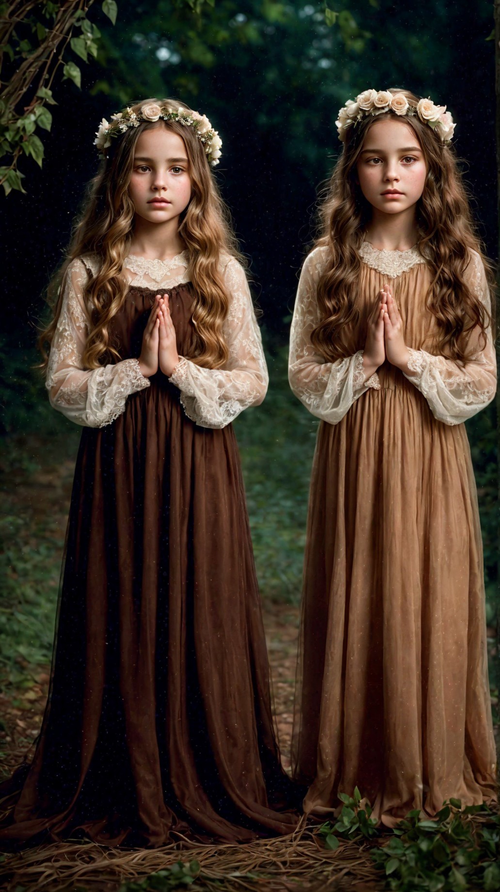 Young girls in vintage dresses in a serene forest