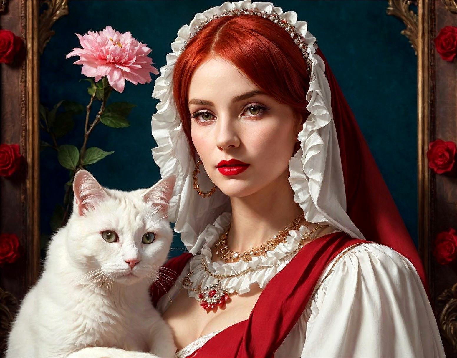Young Woman in Traditional Outfit with White Cat