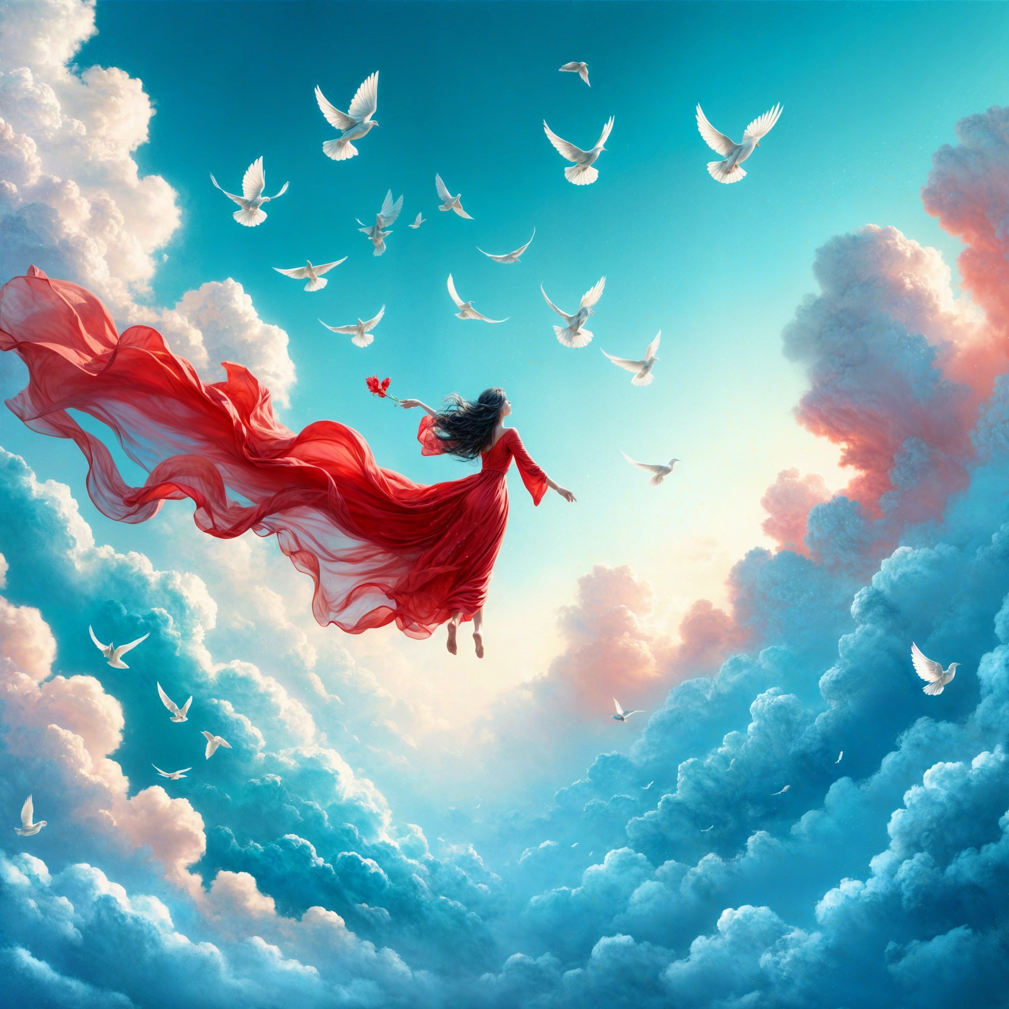 Woman in Red Dress Ascending Through Vibrant Sky
