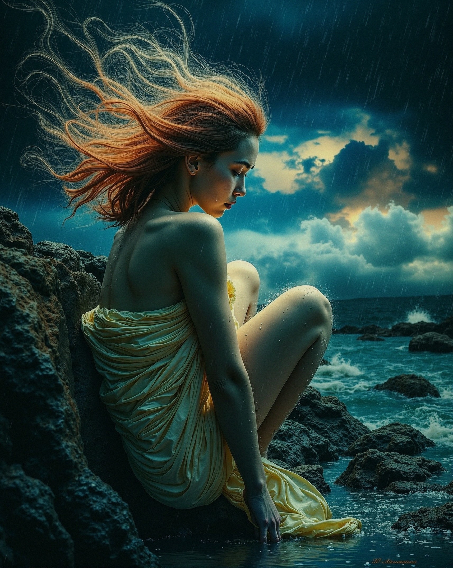 Young Woman in Golden Fabric on Rocky Shoreline