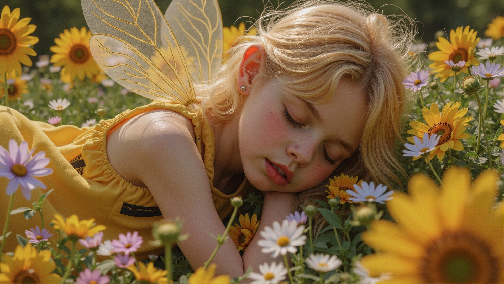 Young girl with butterfly wings in a daisy field