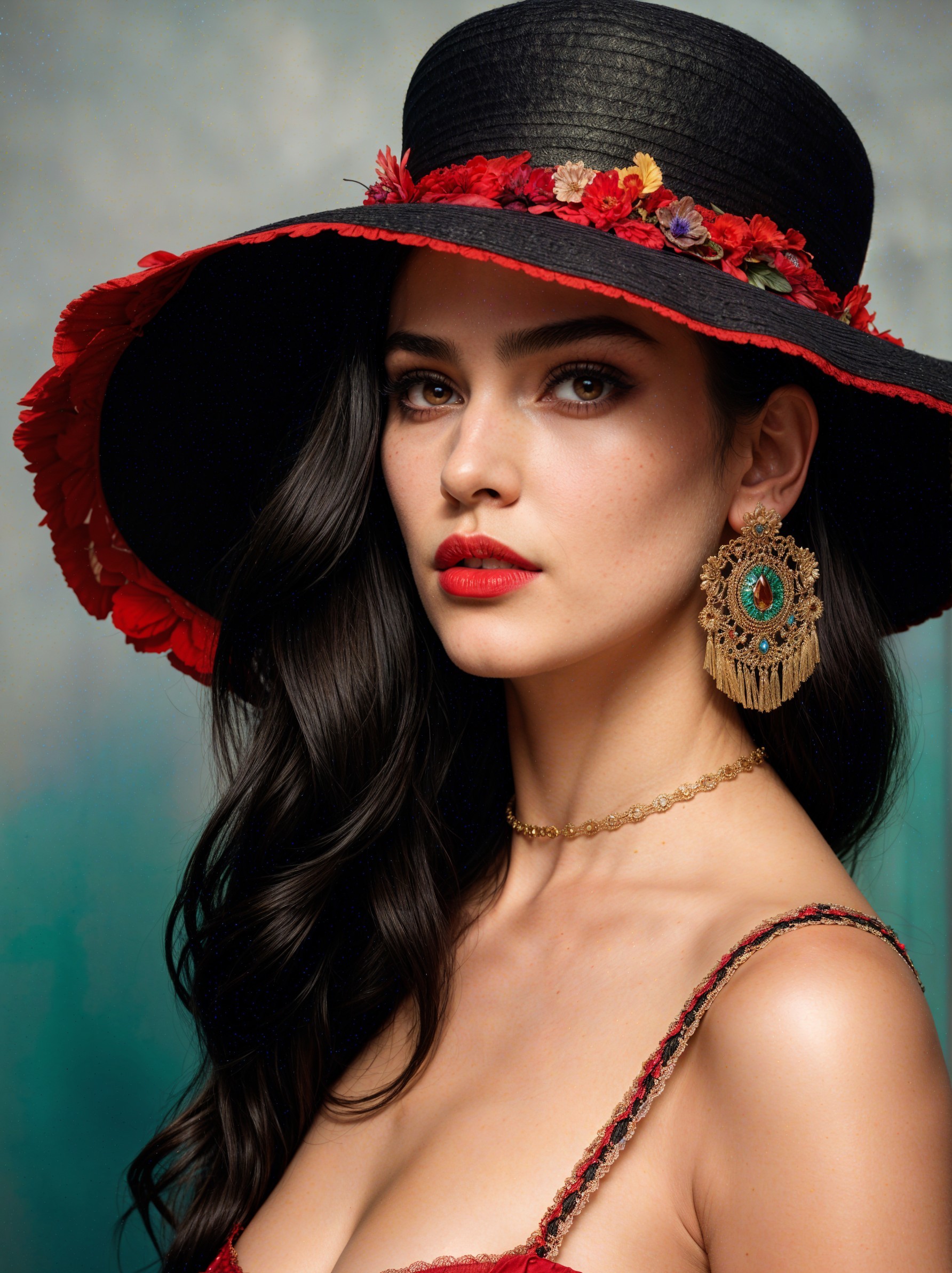 Elegant Beauty in Black Hat and Red Flowers