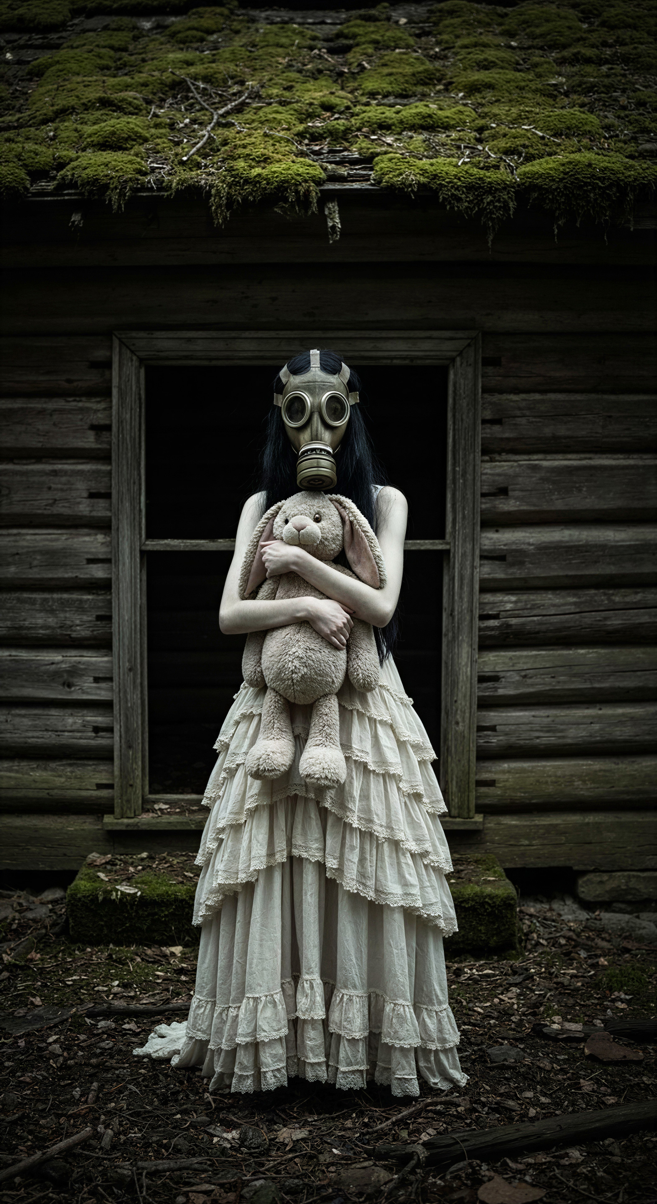 Eerie Figure in Frayed Gown by Weathered Cabin