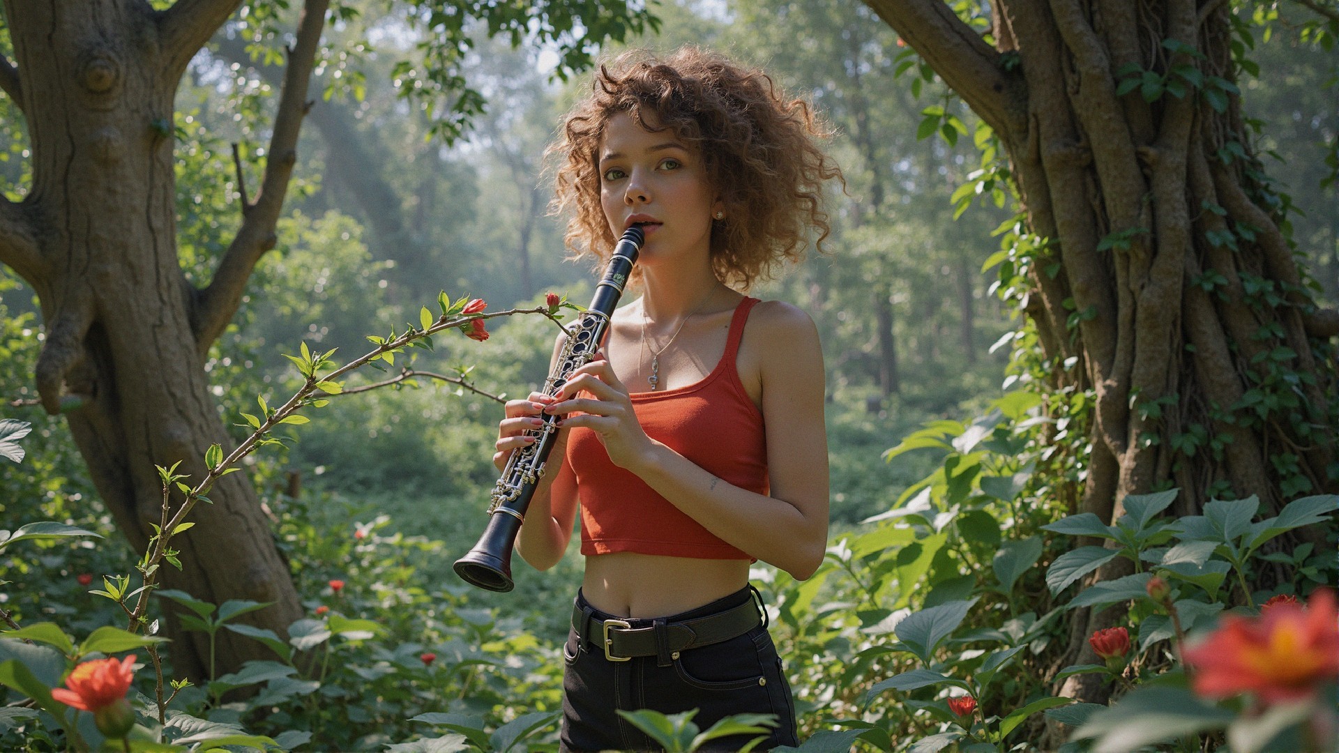 Young Woman Playing Clarinet in Lush Forest Setting