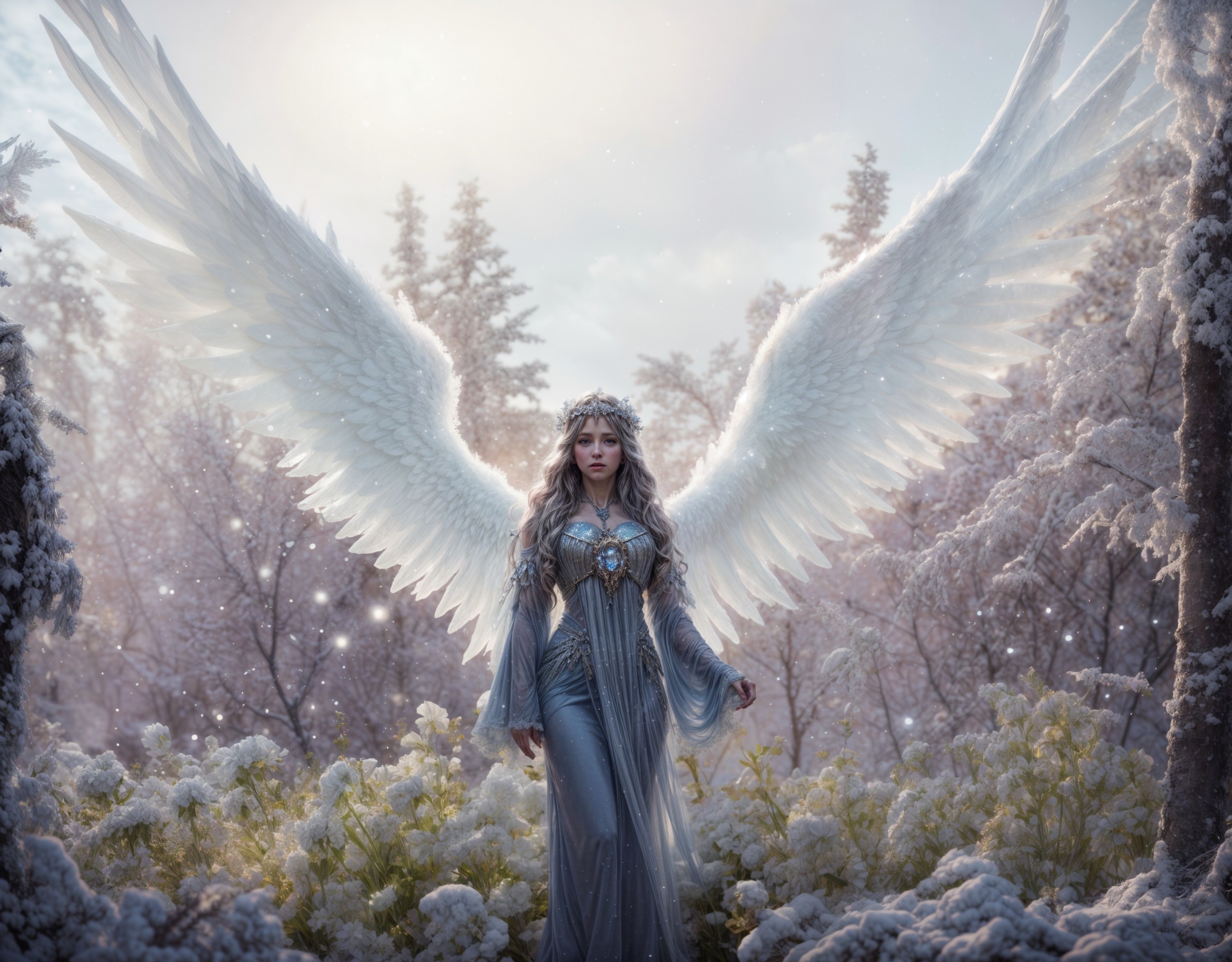 Female angel with silver-blue hair in snowy forest