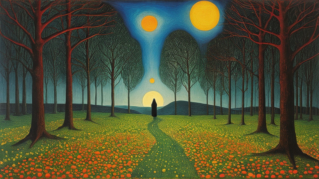 Surreal Landscape with Vibrant Flowers and Three Suns