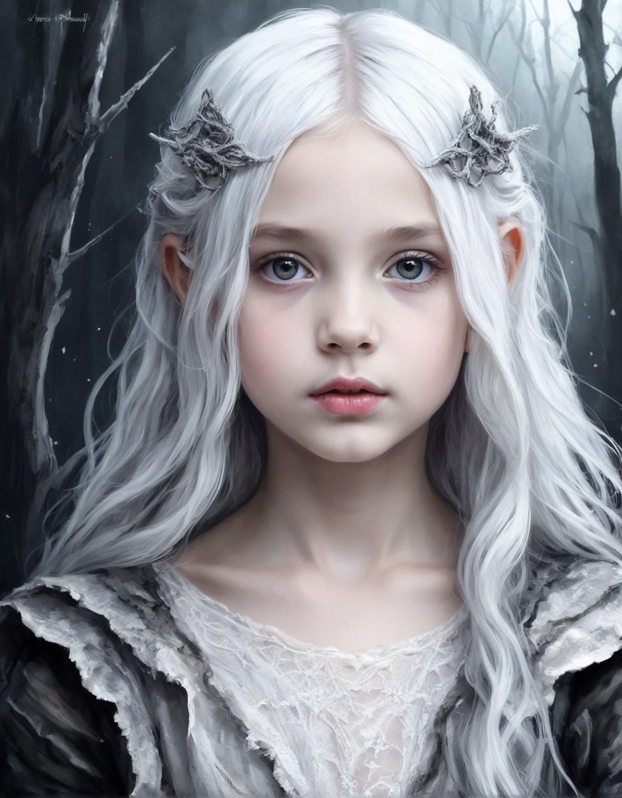 Young girl with white hair in a dark forest setting