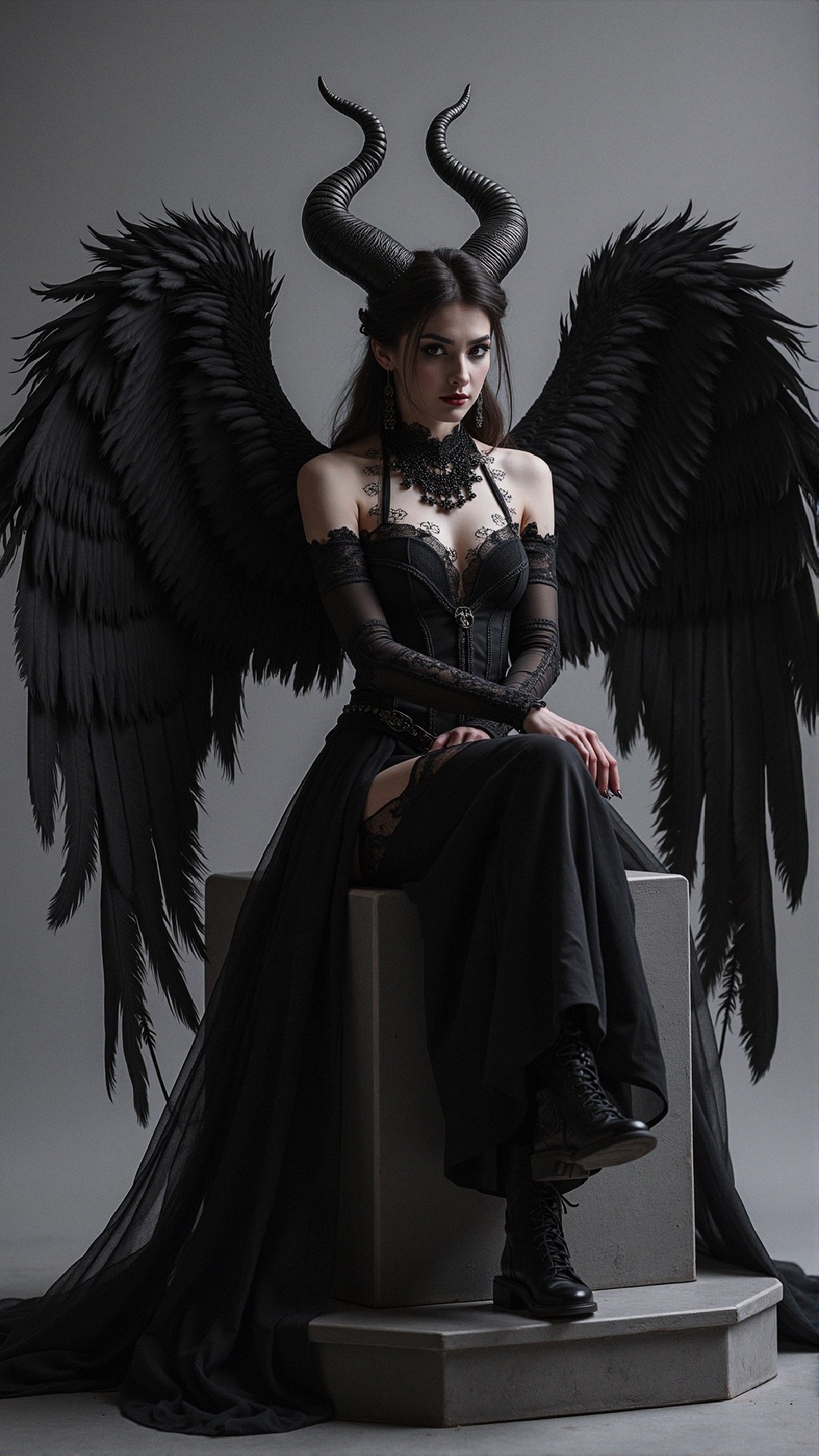 Dramatic Figure in Black Gown with Raven Wings