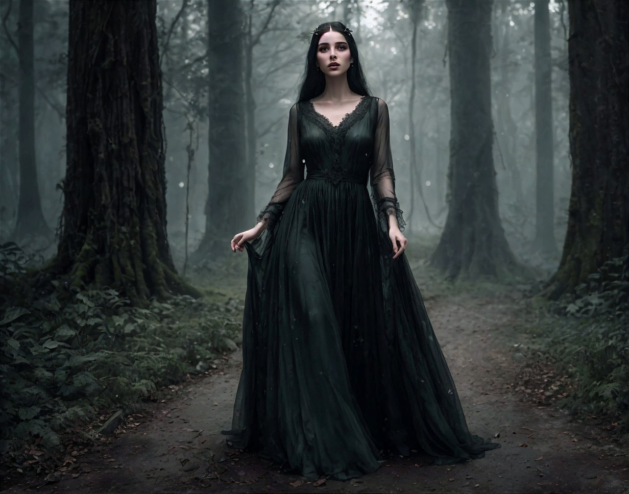 Serene figure in dark green gown in misty forest