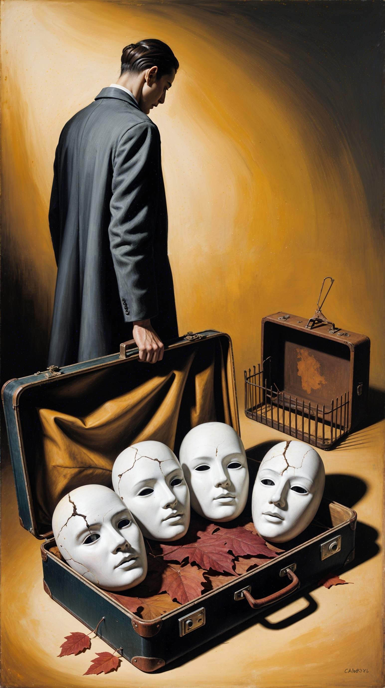 Figure with Suitcase and Masks in Mysterious Setting