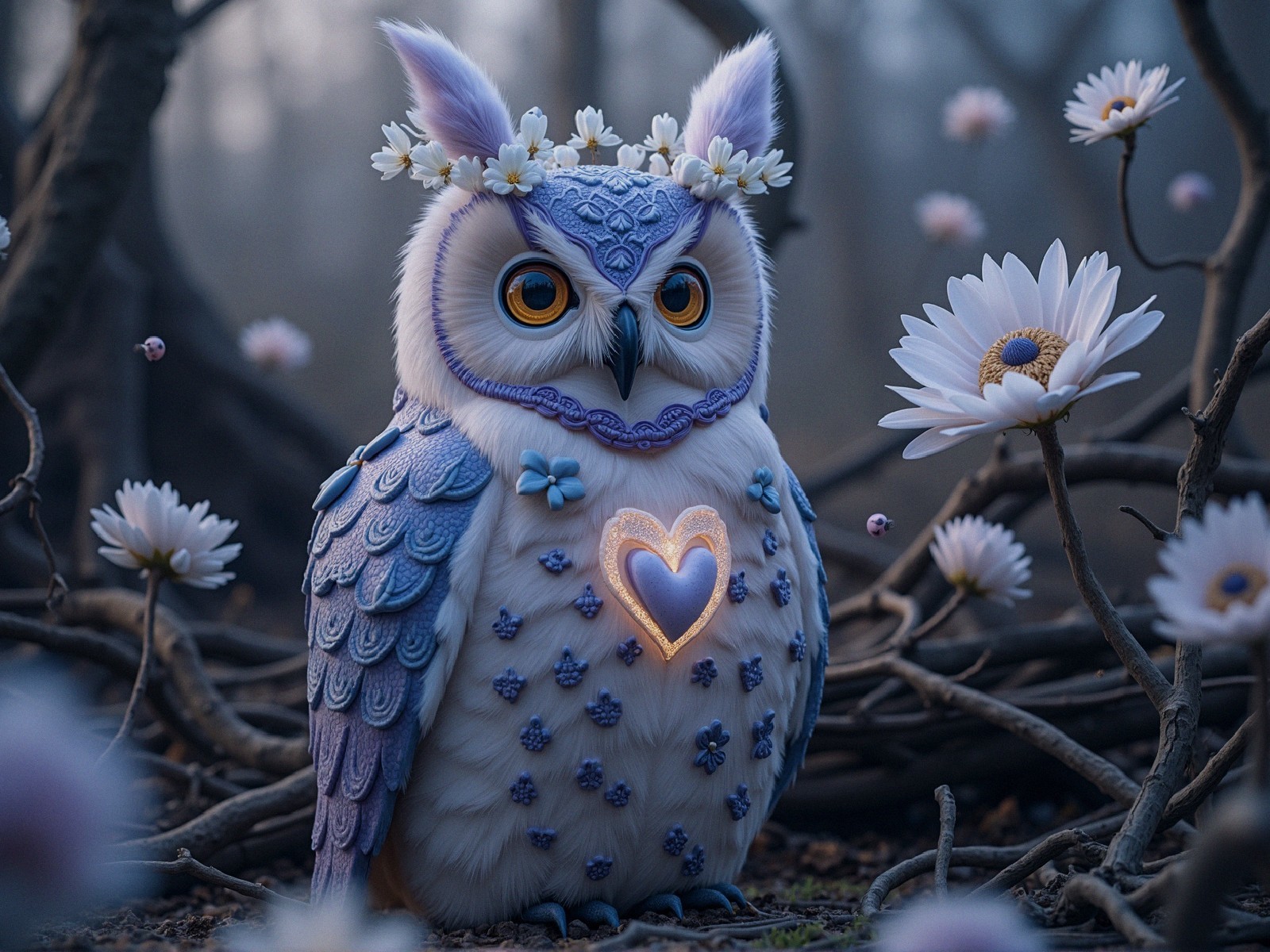 Whimsical Owl with Floral Crown in Mystical Forest