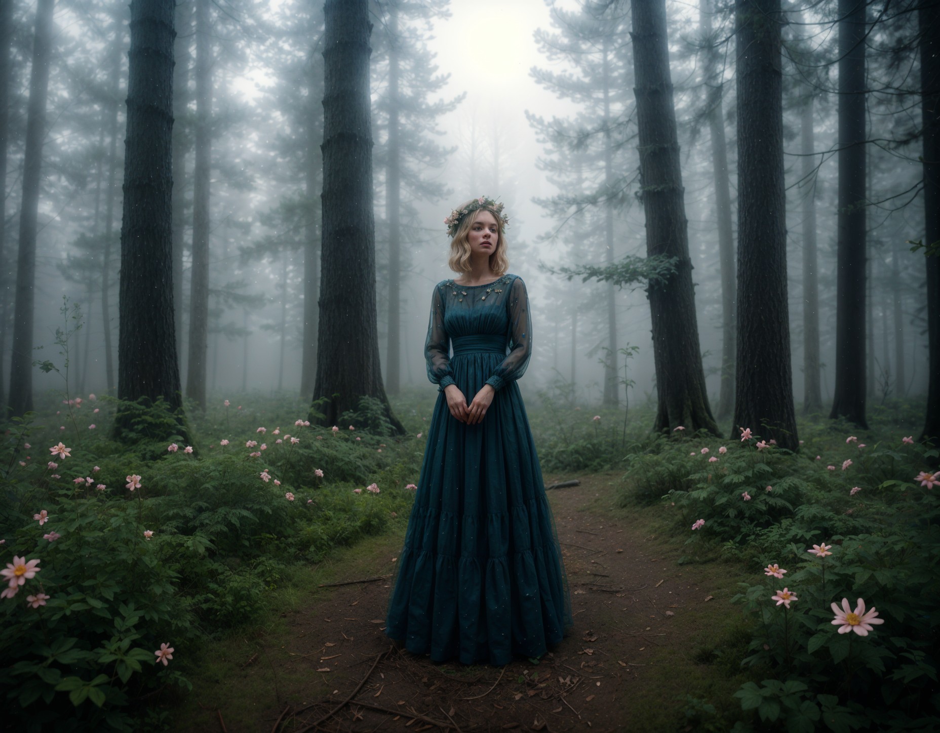 Young Woman in Teal Dress in Misty Forest Path