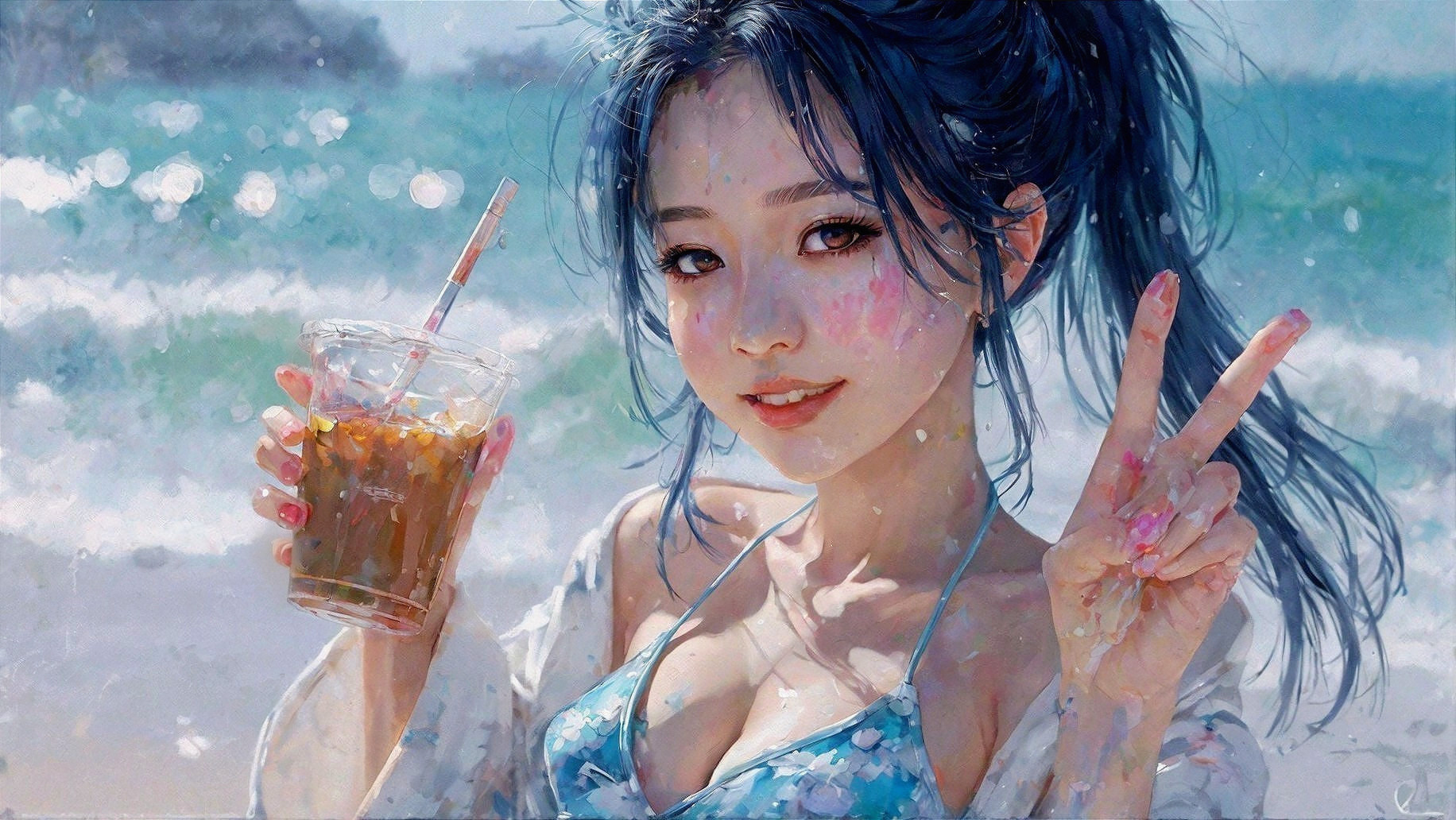 Joyful Beach Vibes with Blue-Haired Beauty