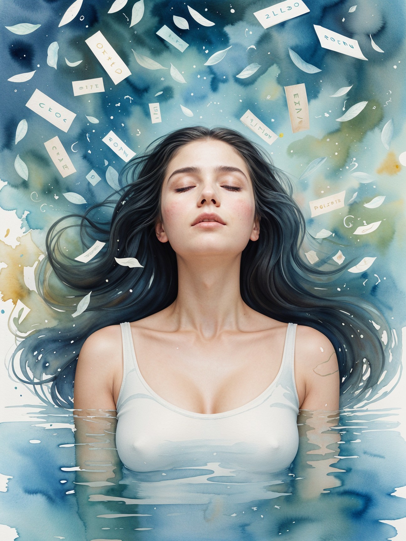 Serene Woman Floating in Water with Abstract Background
