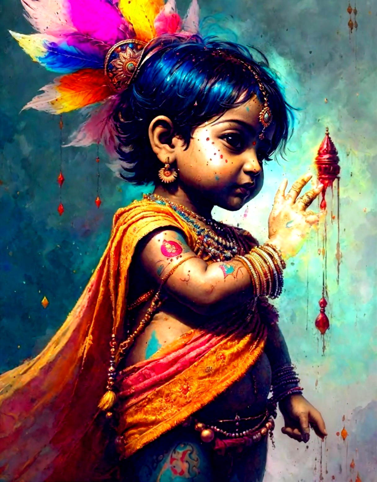 Colorful portrait of a child in blue skin and orange attire with jewelry, admiring a hanging ornament