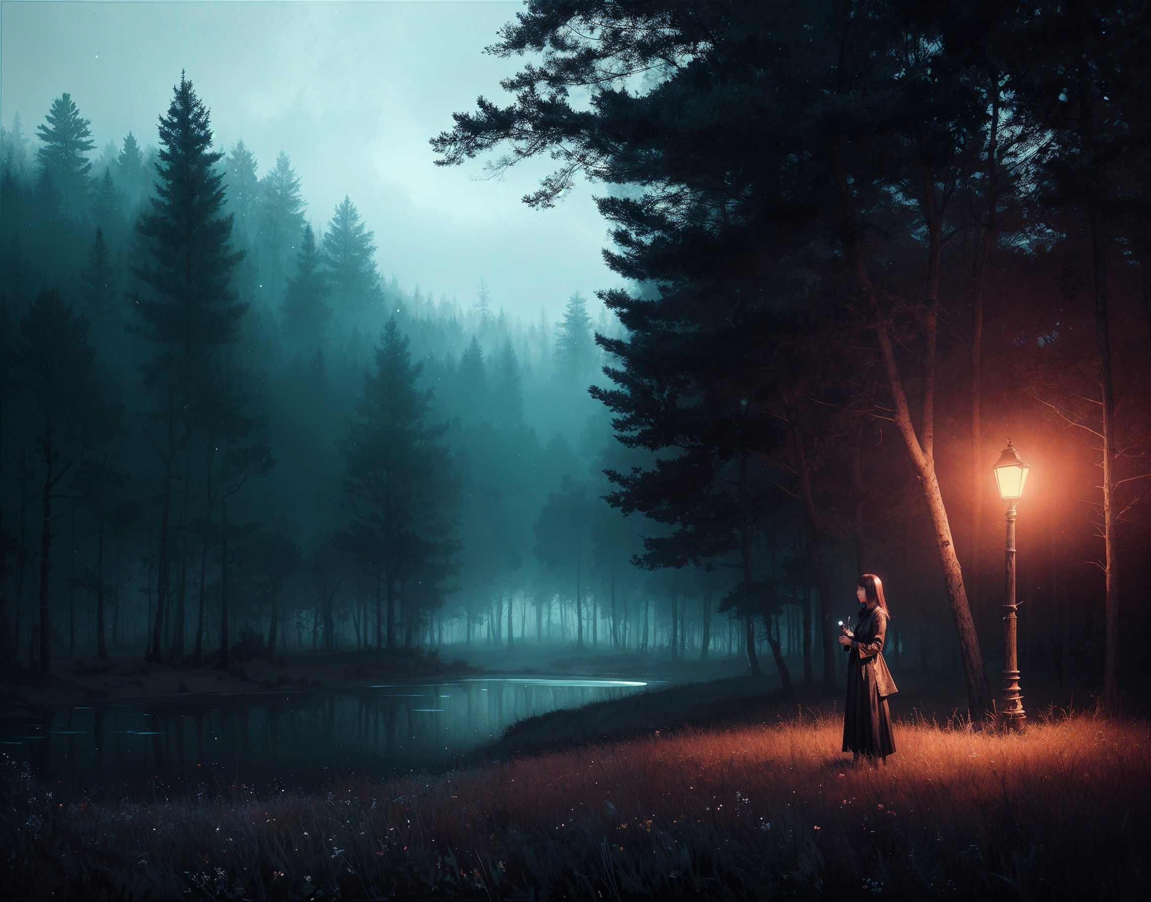 Misty Twilight Forest with Glowing Lamppost and Pond