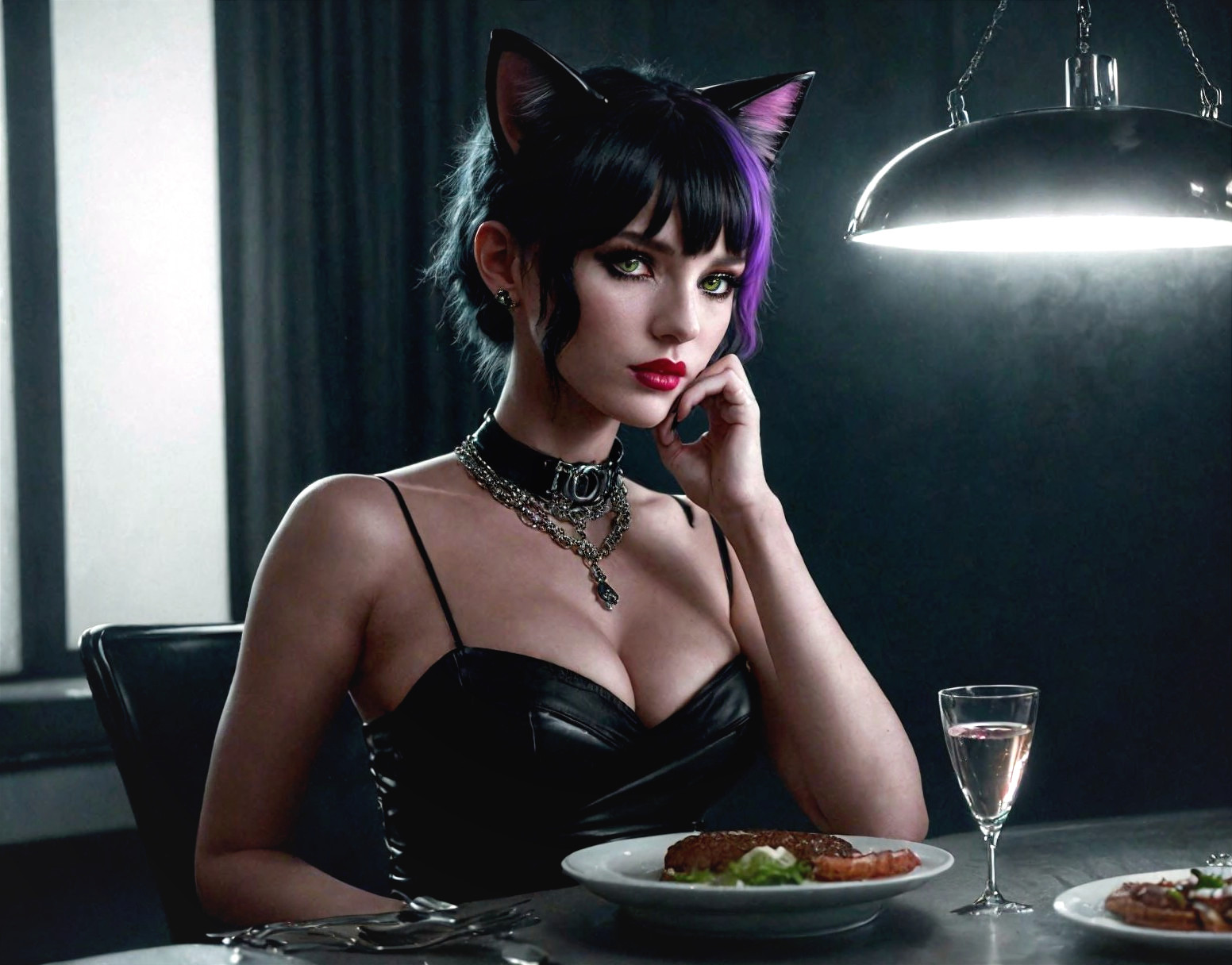 Woman with Cat Ears in Dimly Lit Setting