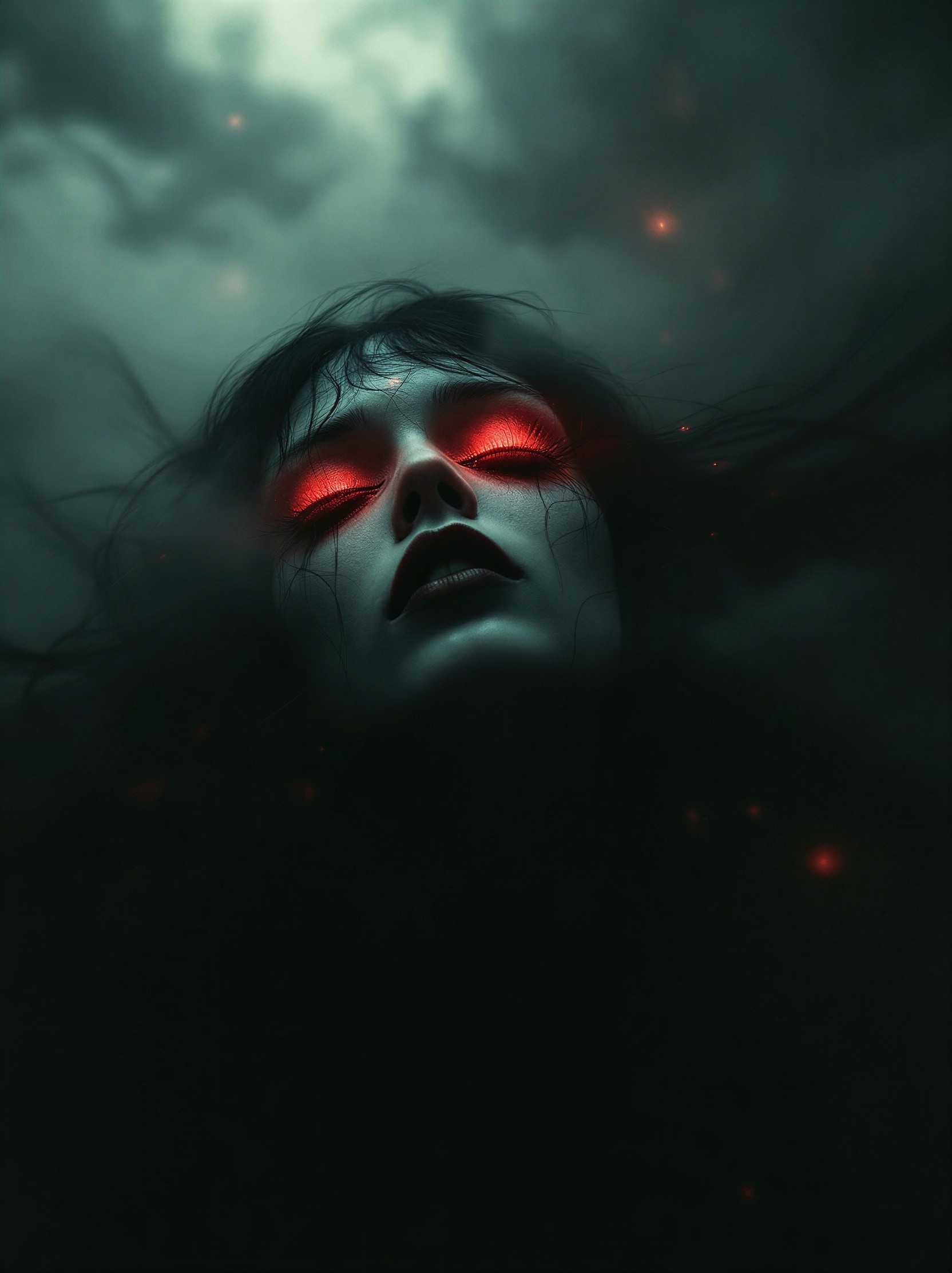 Haunting figure with pale skin and glowing red eyes