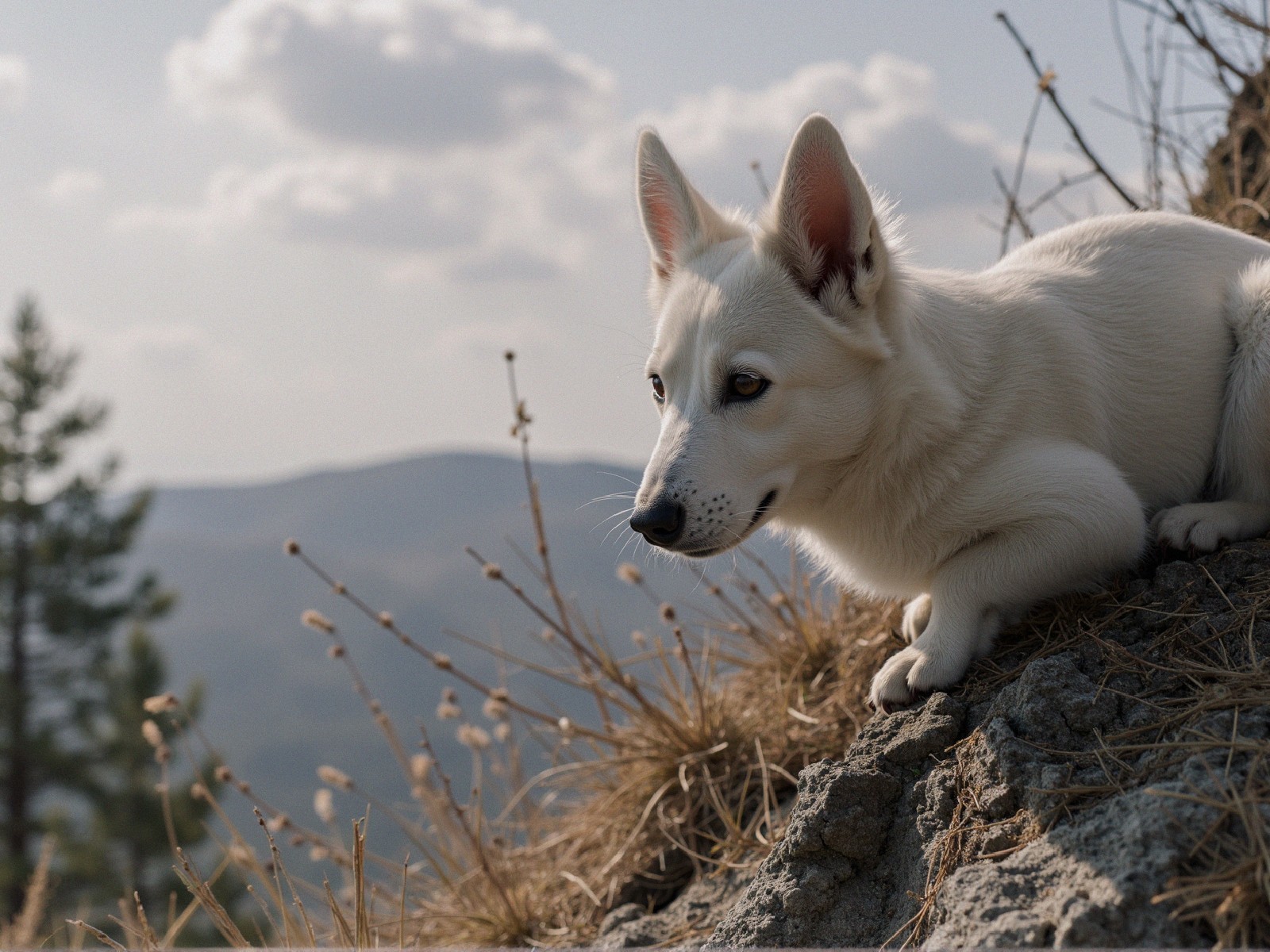 White Dog Resting on Rocky Ledge in Serene Landscape