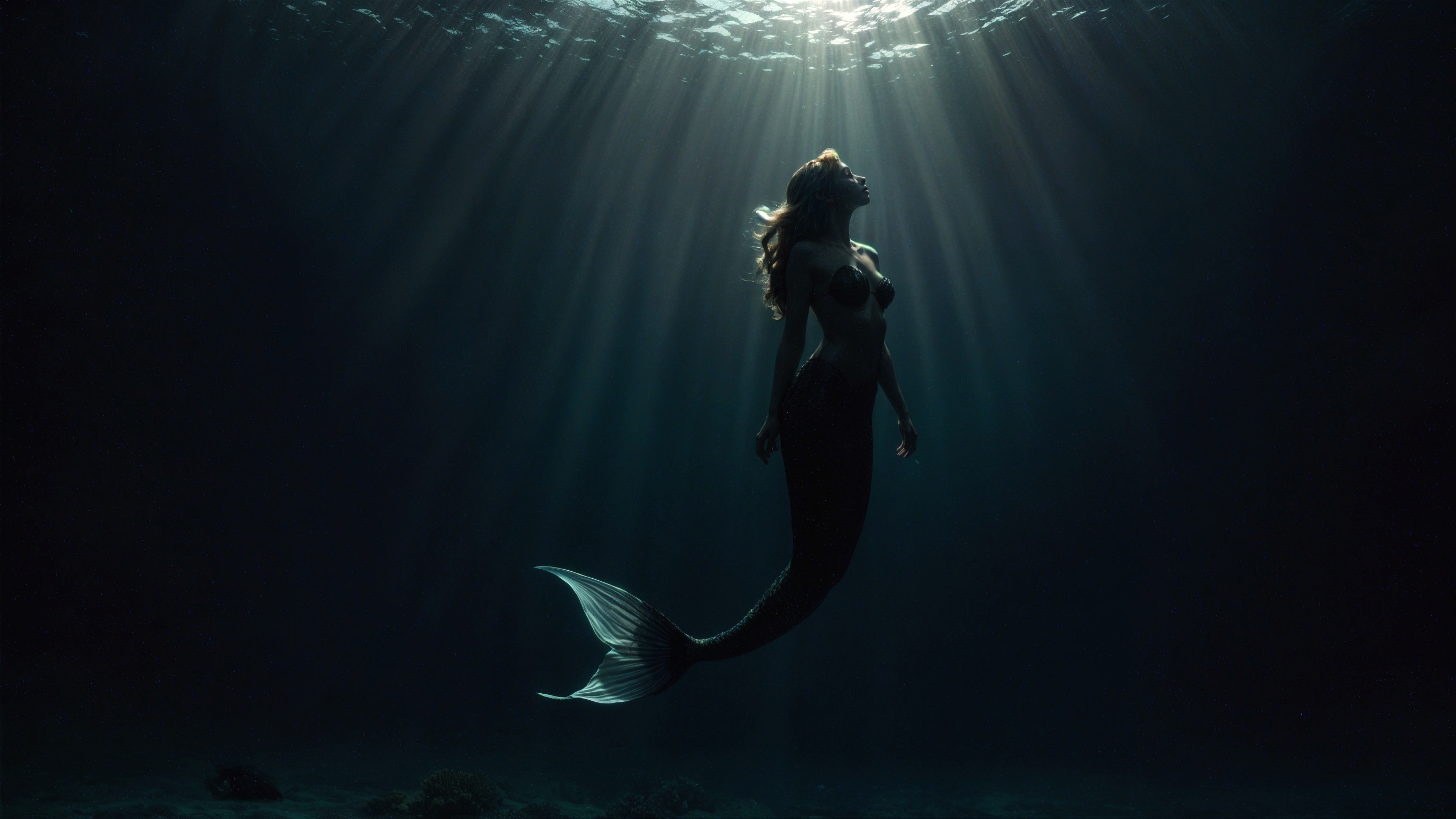 Underwater Scene with a Mermaid and Sunlight Rays