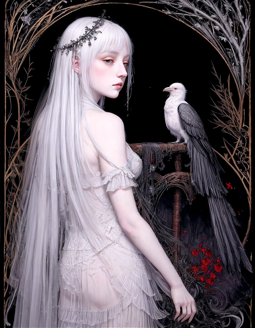 Ethereal Woman with Pale Hair and Mystical Background