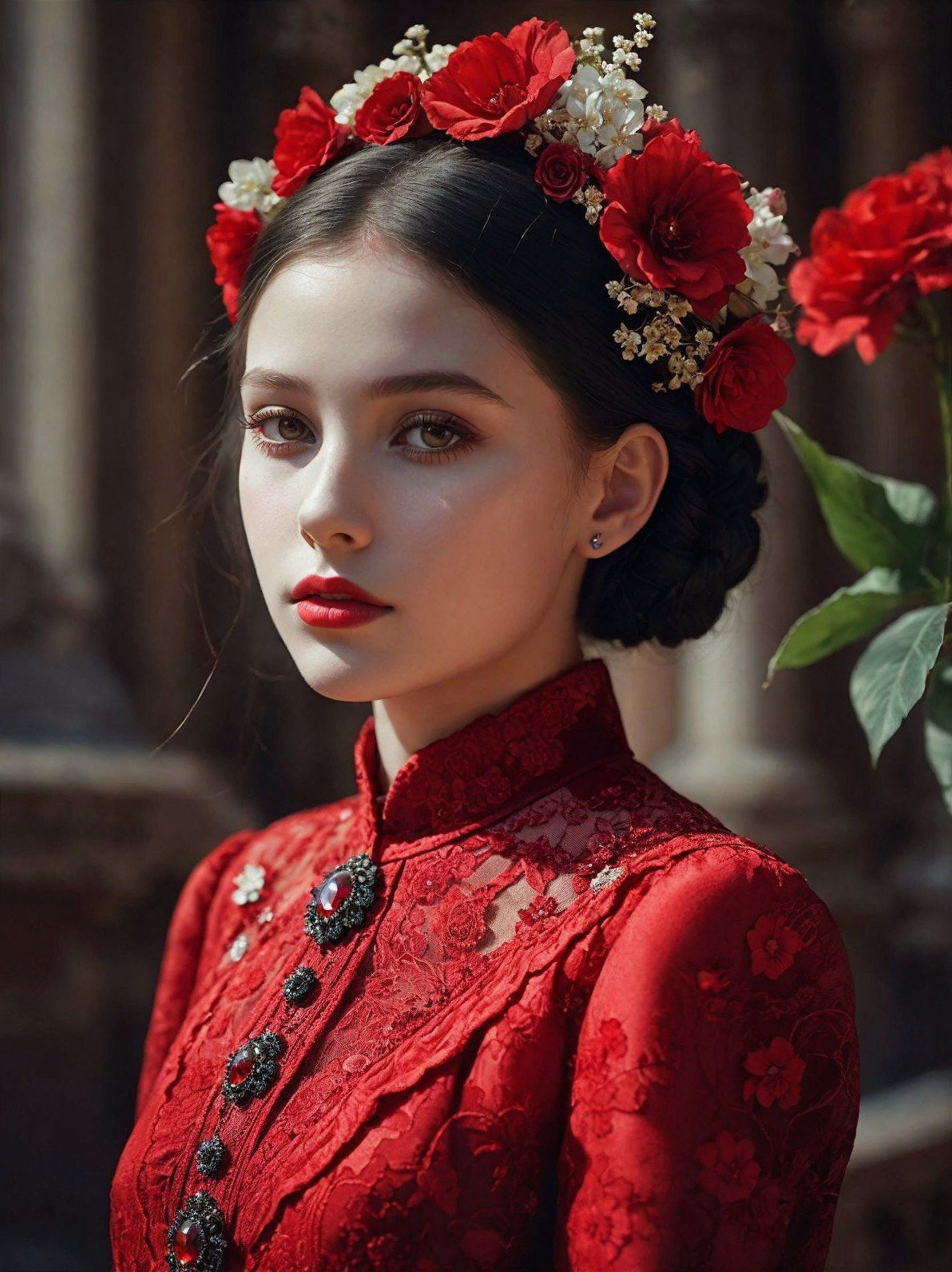 Young woman in red dress with floral crown portrait