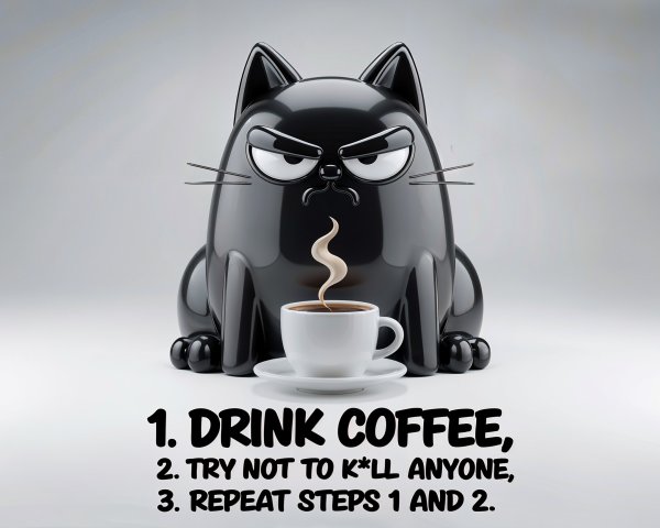 Grumpy Black Cat Figurine with Coffee Humor Elements